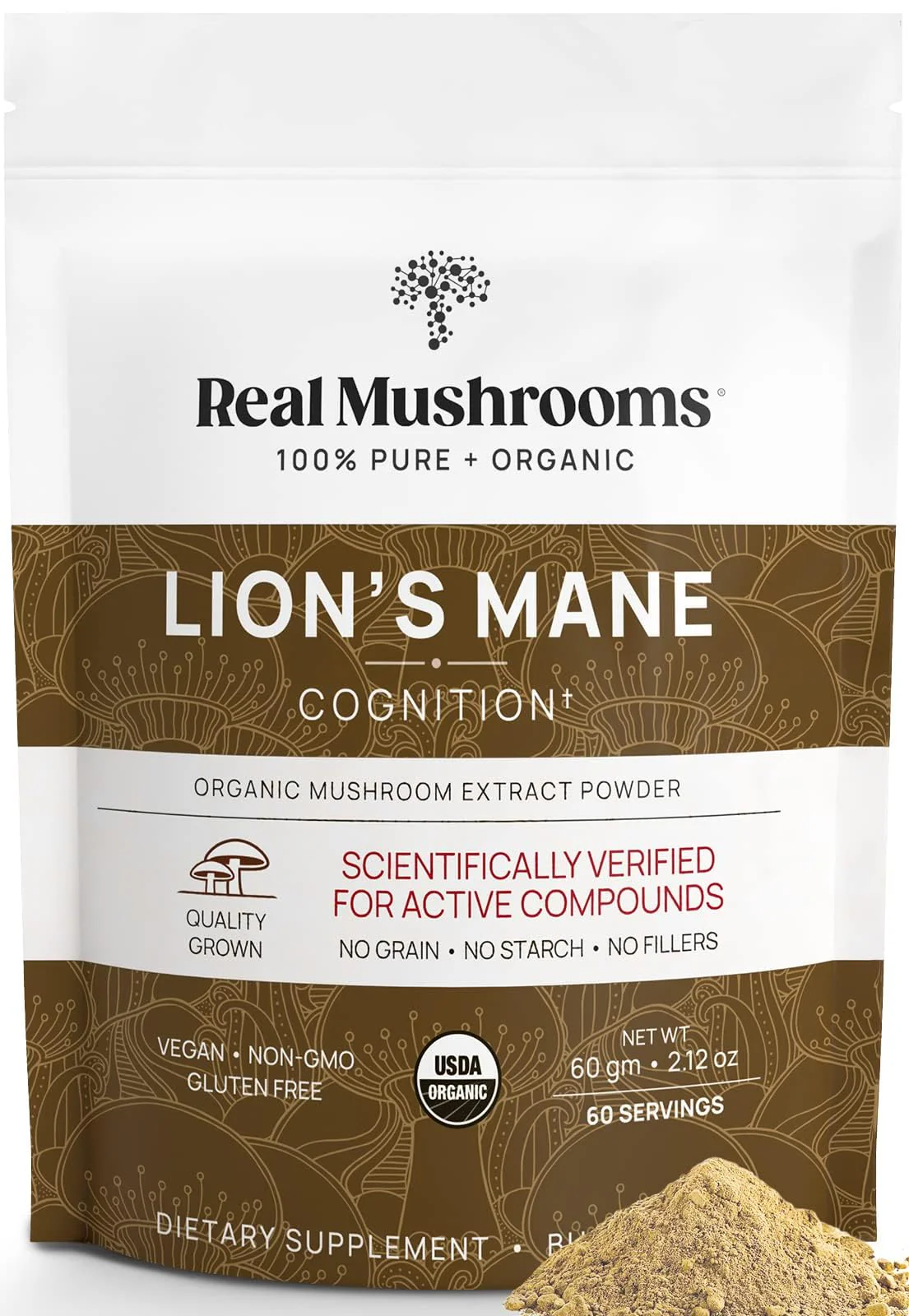 Real Mushrooms Lions Mane Supplement - Organic, Vegan, Non-GMO | 60 Servings