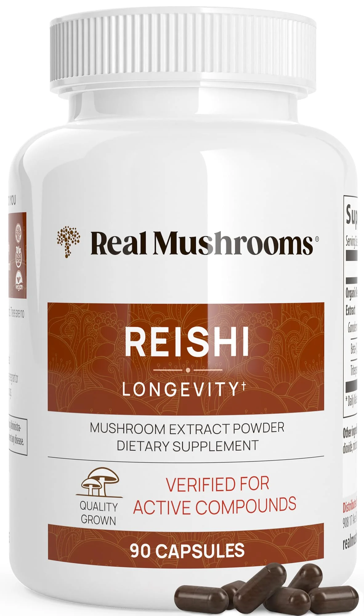 Real Mushrooms Reishi Capsules - Organic Red Reishi Extracts, 90 Ct, Vegan & Non-GMO