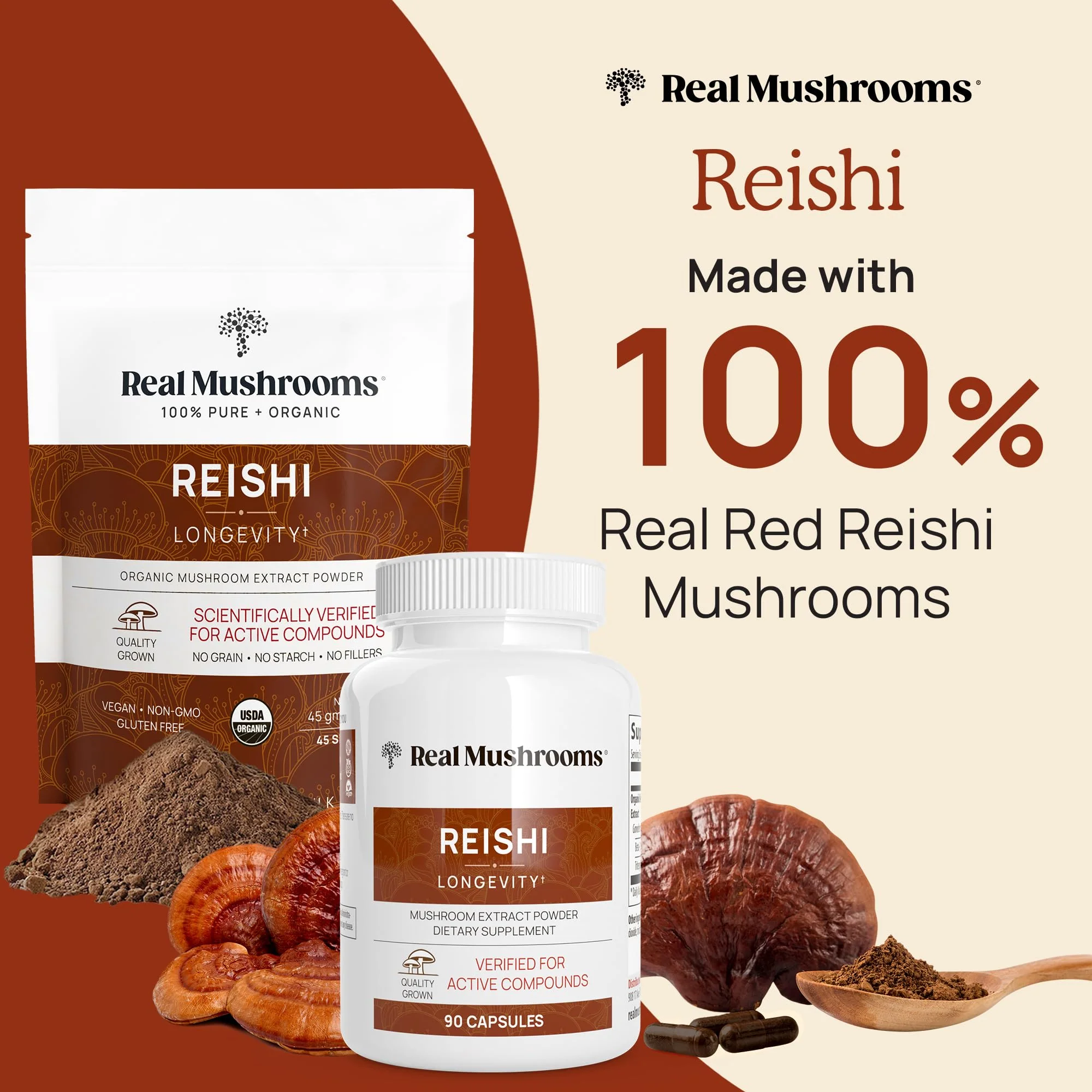 Real Mushrooms Reishi Capsules - Organic Red Reishi Extracts, 90 Ct, Vegan & Non-GMO - Image 2