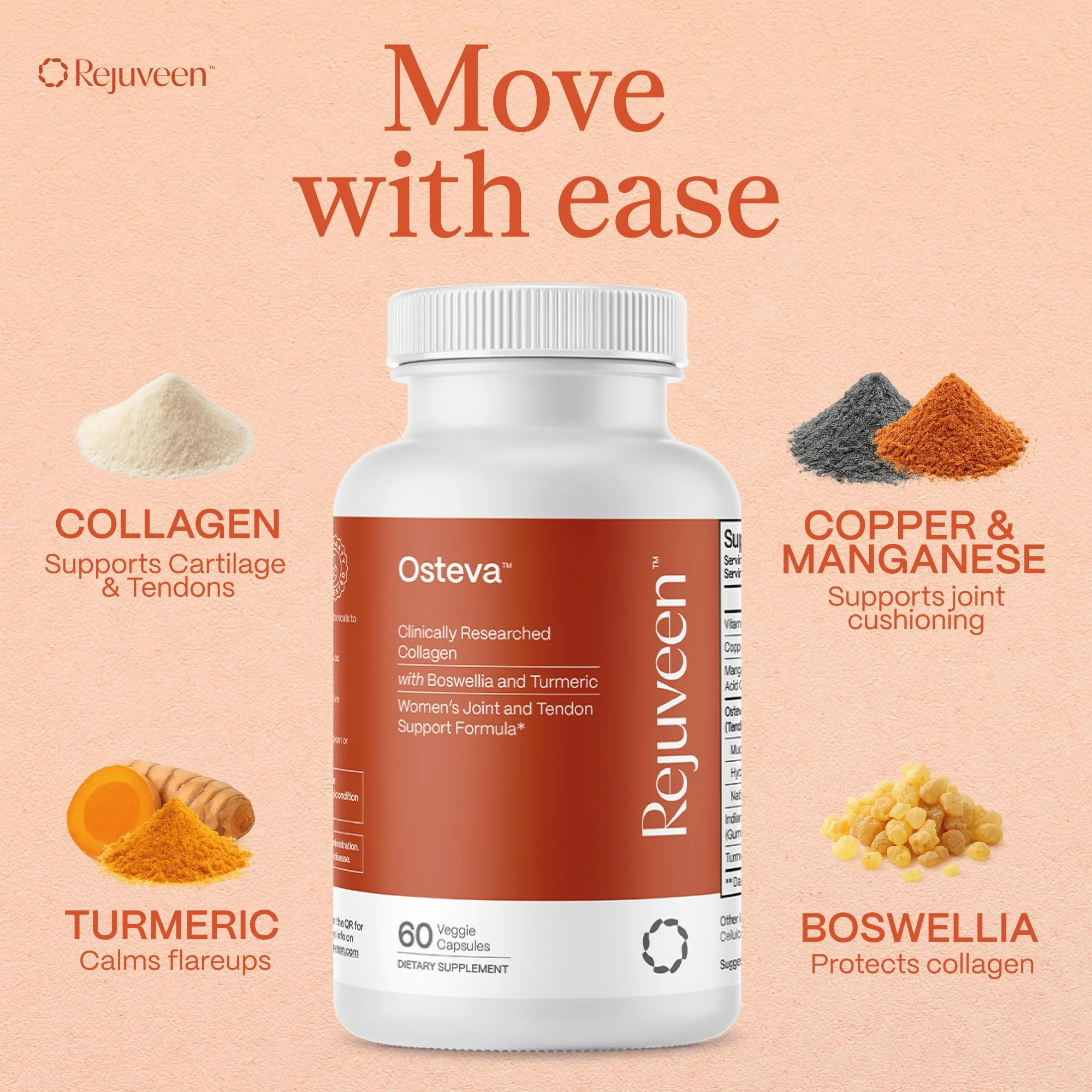 Rejuveen Osteva Joint Support – High Potency Collagen, Turmeric & Boswellia | 60 Count | Non-GMO - Image 9