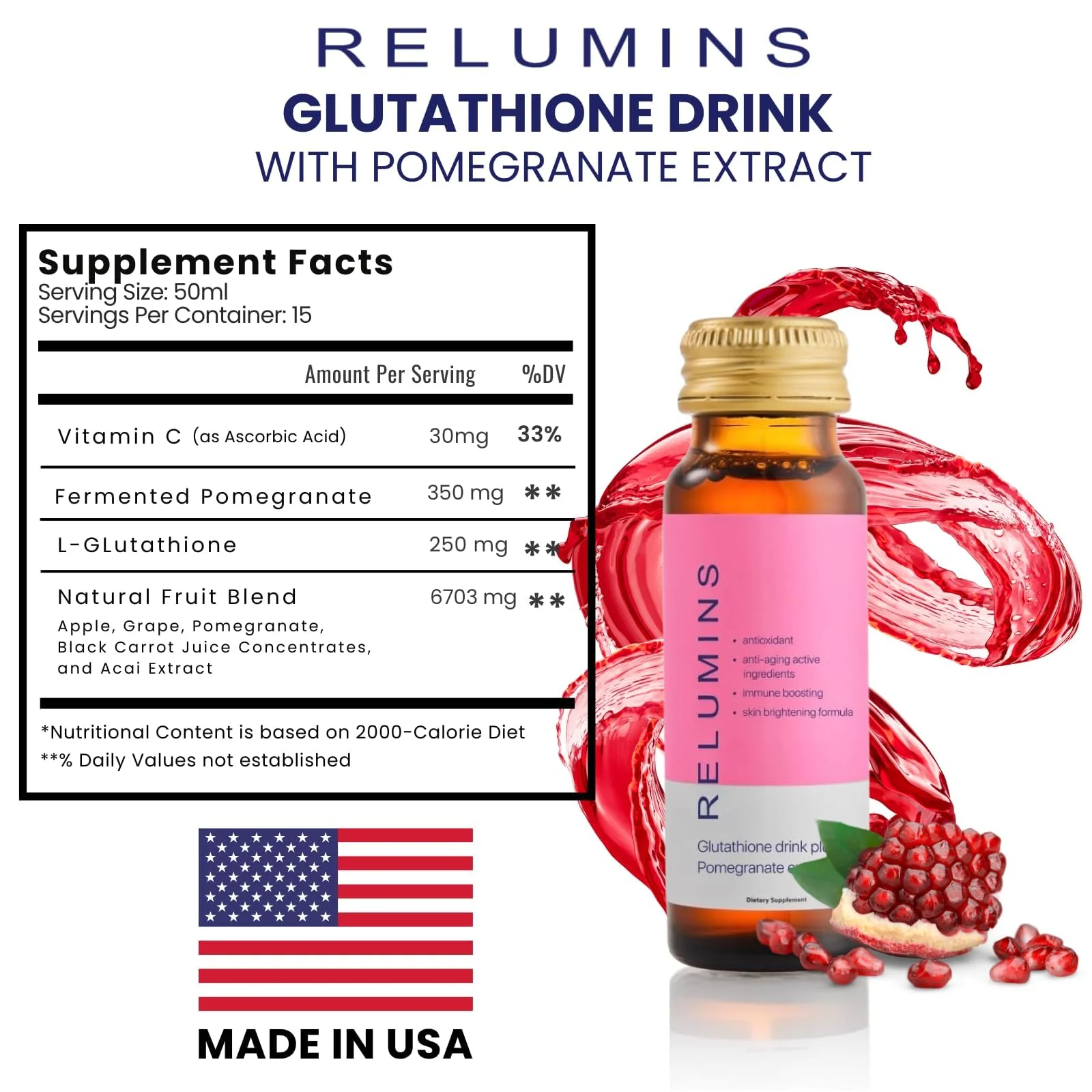 Relumins Glutathione Shots – Pomegranate Flavor, 20x50ml | Hydration, Collagen & Antioxidant Boost | Made in USA - Image 9