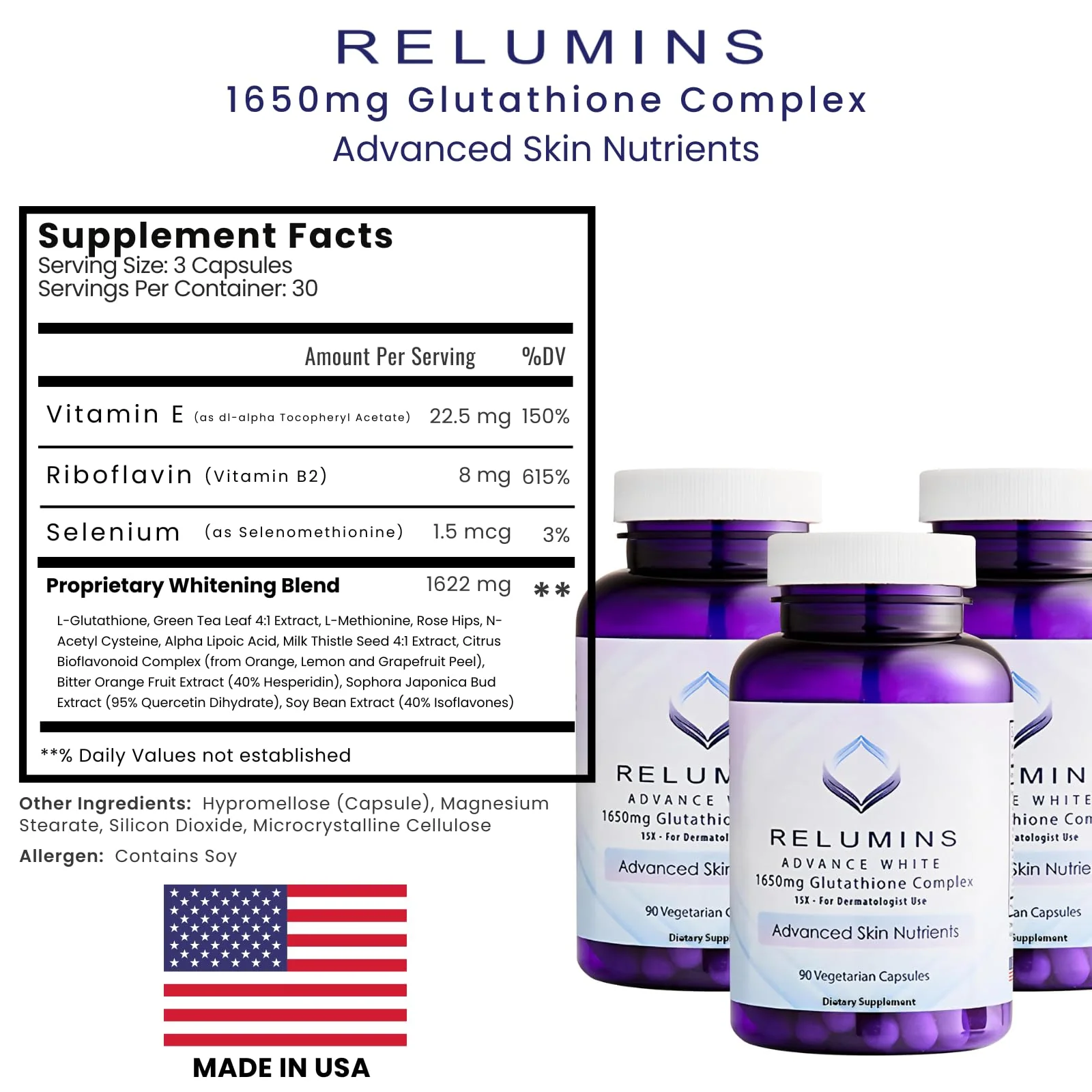 Relumins L-Glutathione Complex 1650mg - 3x90 Veg Capsules - Made in USA - Image 7