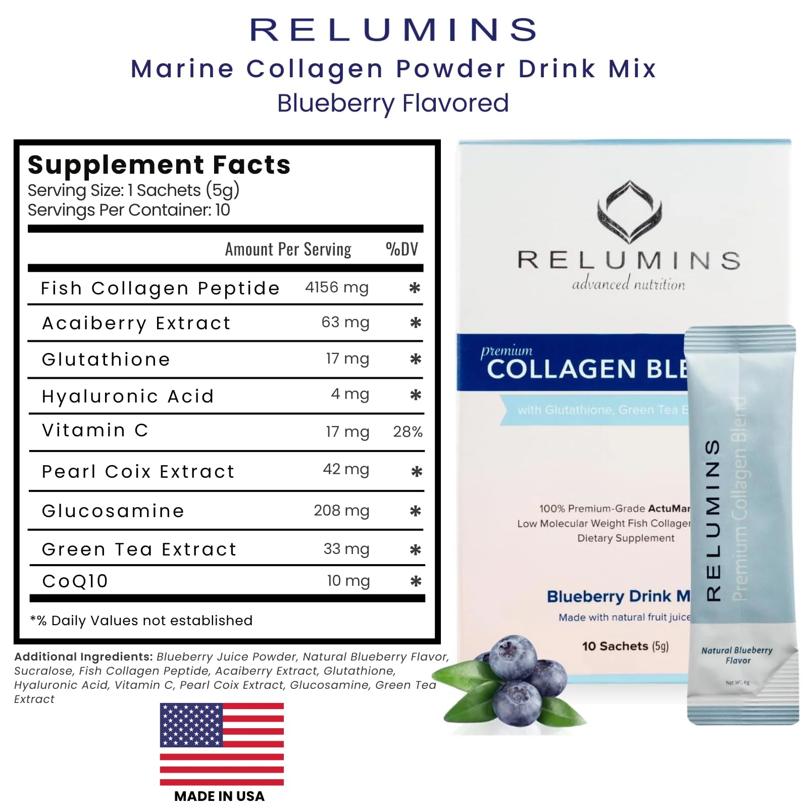 Relumins Marine Collagen Drink Mix 5000mg – Type I/II/III, Glutathione, Hyaluronic – Blueberry (100 Sachets + 10 Free) - Image 9