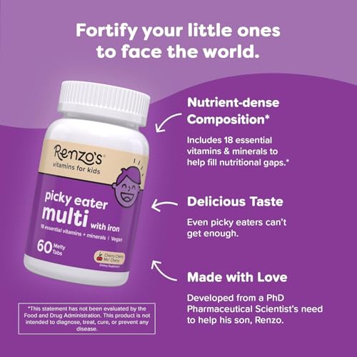 Renzo's Picky Eater Kids Multivitamin with Iron | Sugar-Free Melty Tabs – Cherry Mo' Cherry Flavor - Image 3