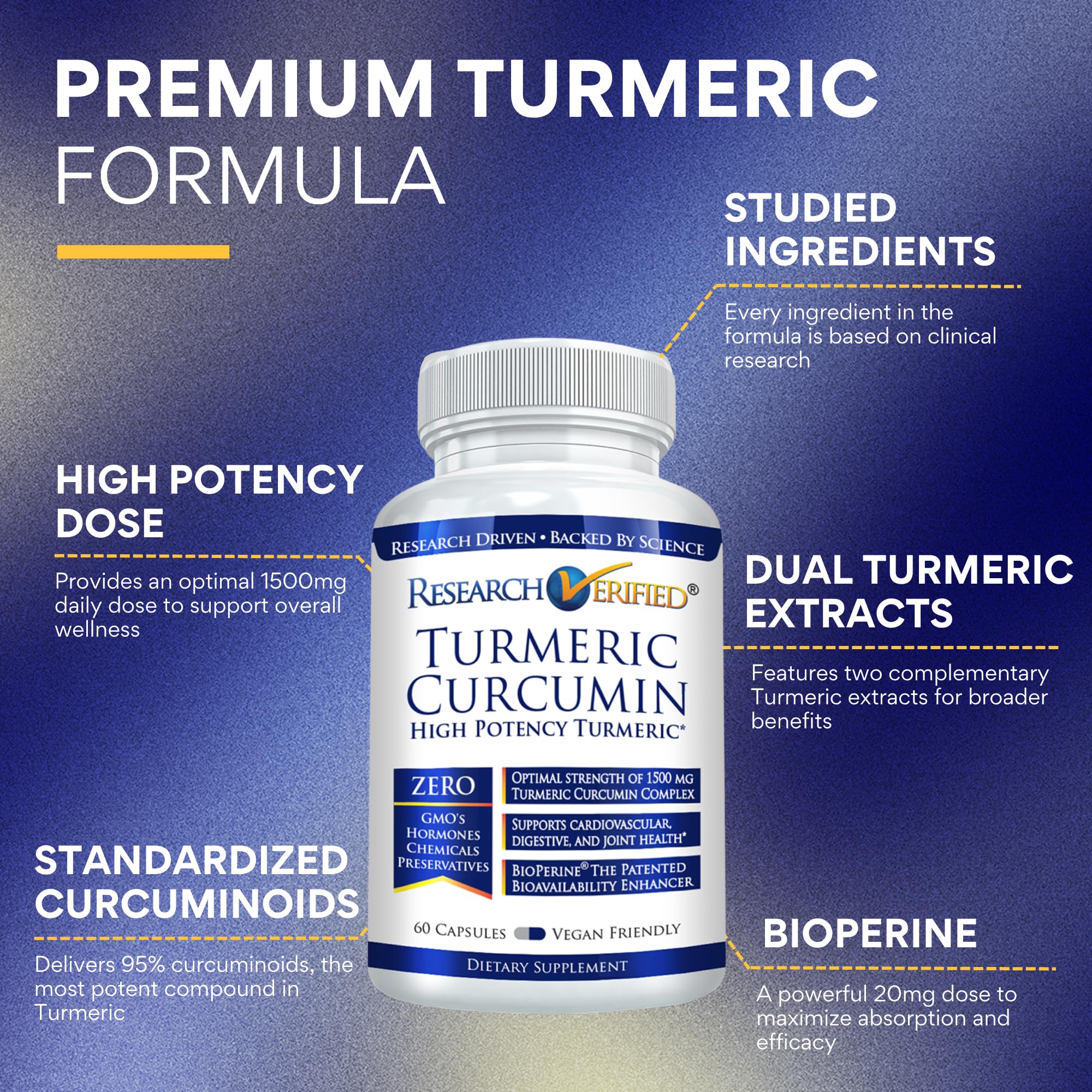 Research Verified Turmeric Curcumin with BioPerine — 60 Capsules — Made in USA - Image 2