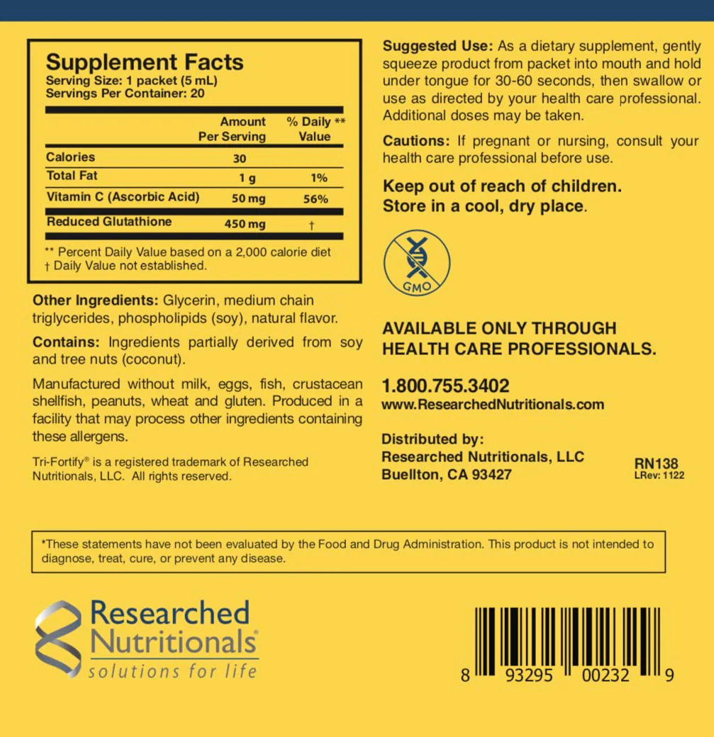 Researched Nutritionals Liposomal Glutathione (450mg) Liquid Gel + Vitamin C — Tri-Fortify | Immune Support & Detox, Orange Flavor, 20 Pack - Image 6