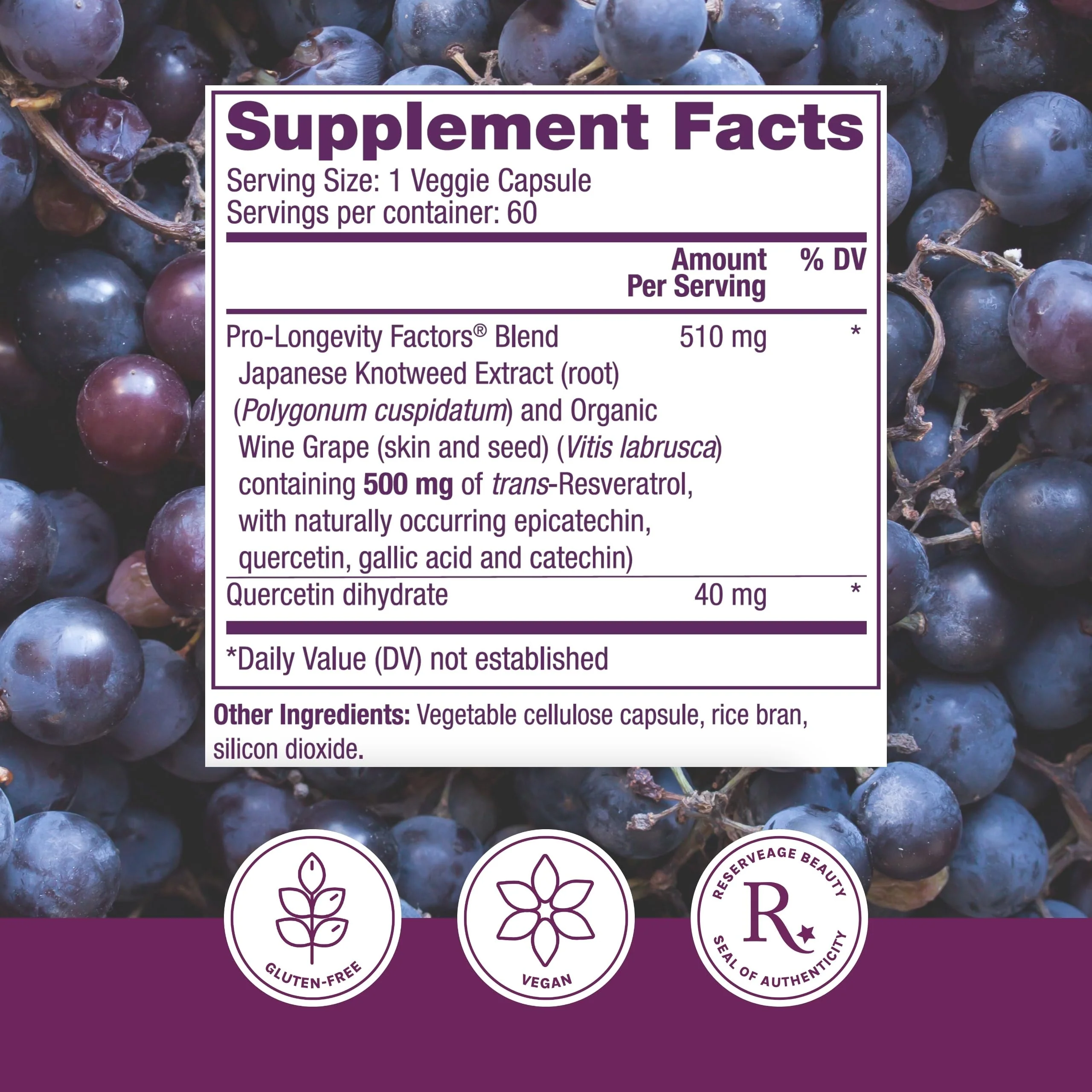 Reserveage Beauty Resveratrol 500 mg — Heart & Cellular Health Antioxidant Support | Vegan Capsule - Image 2