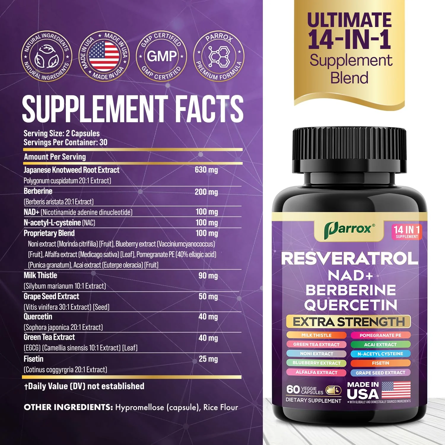 Resveratrol 14-in-1 Extra Strength (180 Caps) with NAD+, NAC & Berberine - Image 3