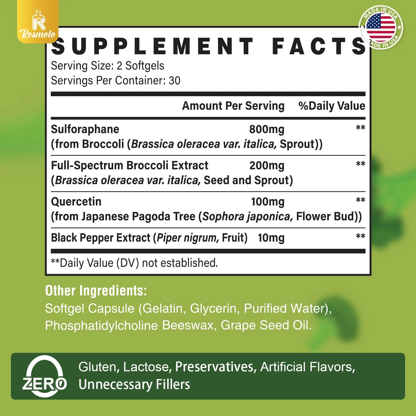 Rosmolo 800 mg Liposomal Sulforaphane | Dual-Delivery, Full-Spectrum Broccoli Extract, 180 Softgels - Image 2