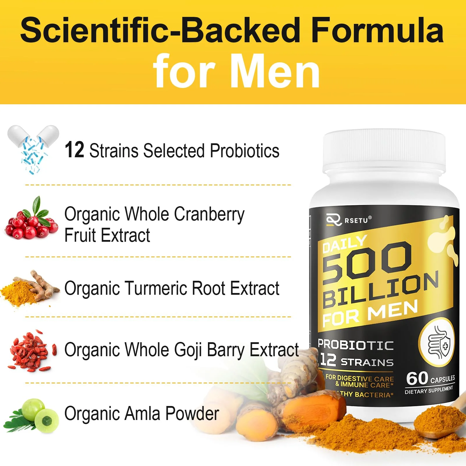 RSETU Probiotics for Men – 500B CFUs, 12 Strains, Turmeric Cranberry Goji - Image 6