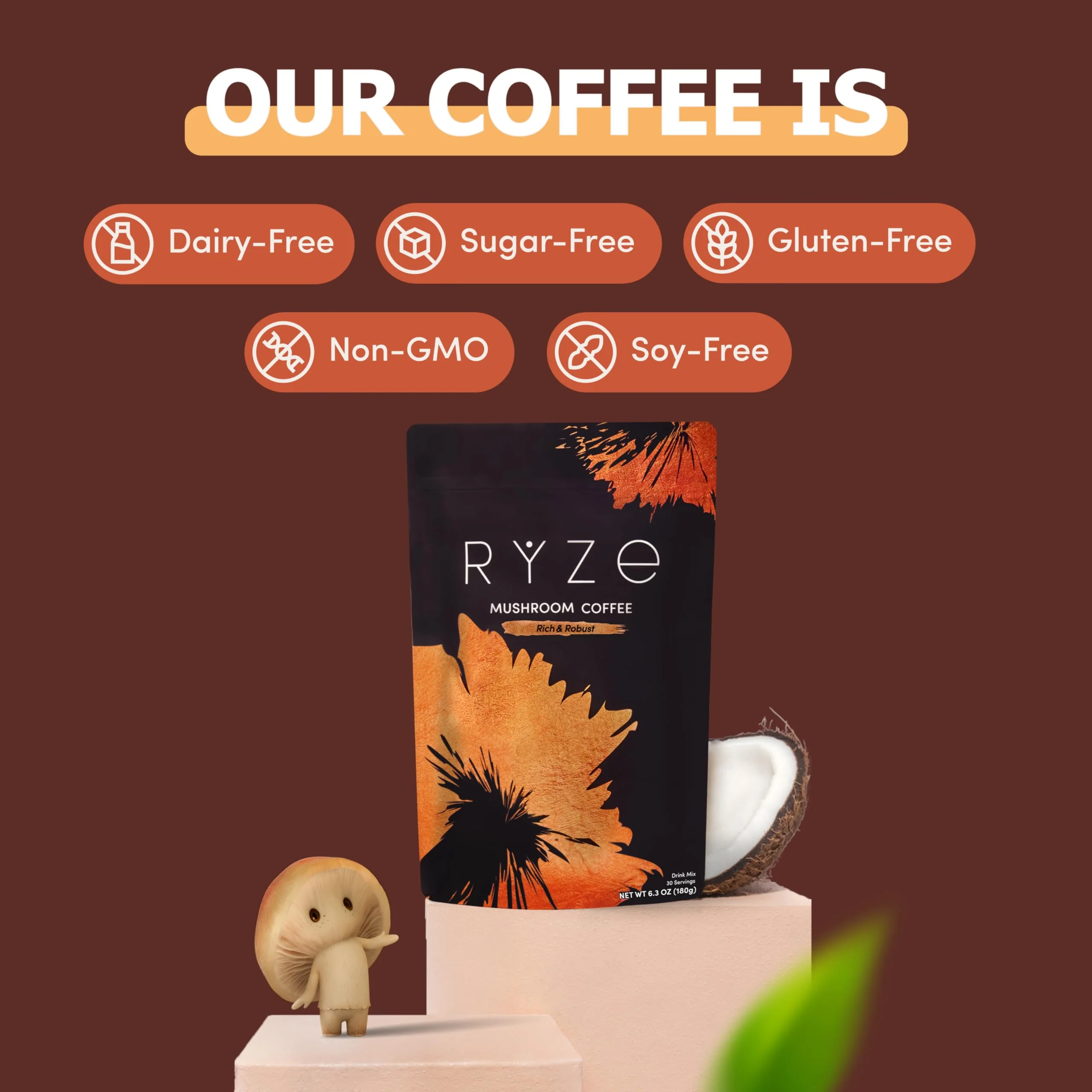 RYZE Mushroom Coffee Dark Roast – 6 Adaptogenic Mushrooms + Prebiotic, 30 Servings - Image 3
