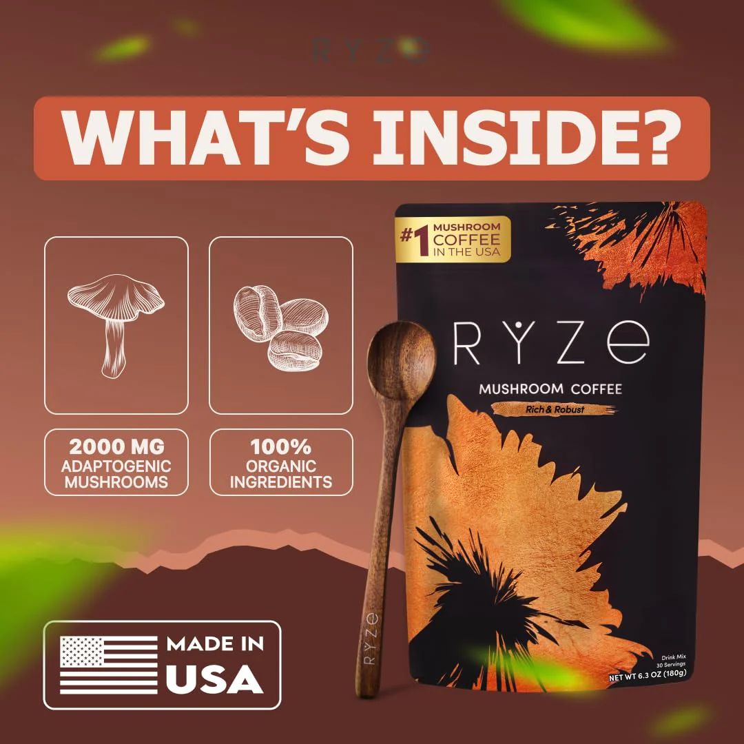 RYZE Mushroom Coffee Dark Roast – 6 Adaptogenic Mushrooms + Prebiotic, 30 Servings - Image 4