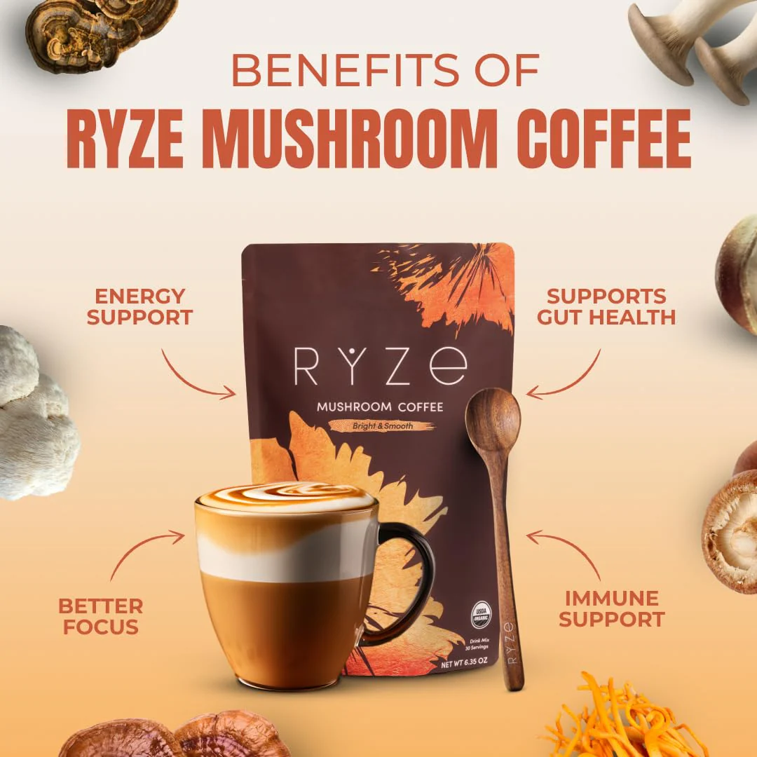 RYZE Mushroom Coffee Medium Roast – 6 Adaptogenic Mushrooms, USA-Grown Instant Coffee - Image 3