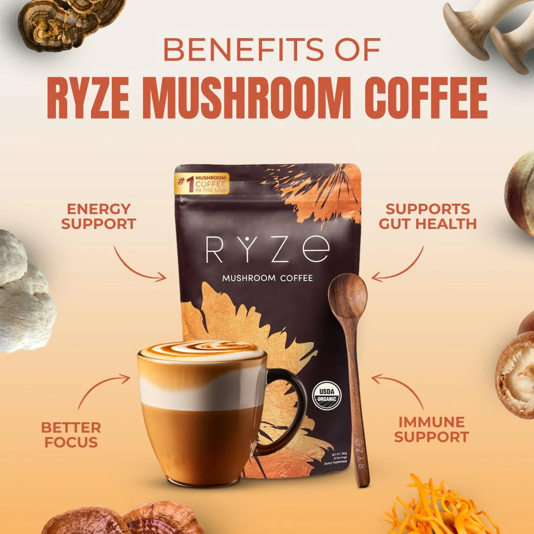 RYZE n Shine Bundle – USDA Organic Mushroom Coffee + Probiotic Creamer | 6 Adaptogenic Mushrooms, MCT Oil, 30+30 Servings - Image 2