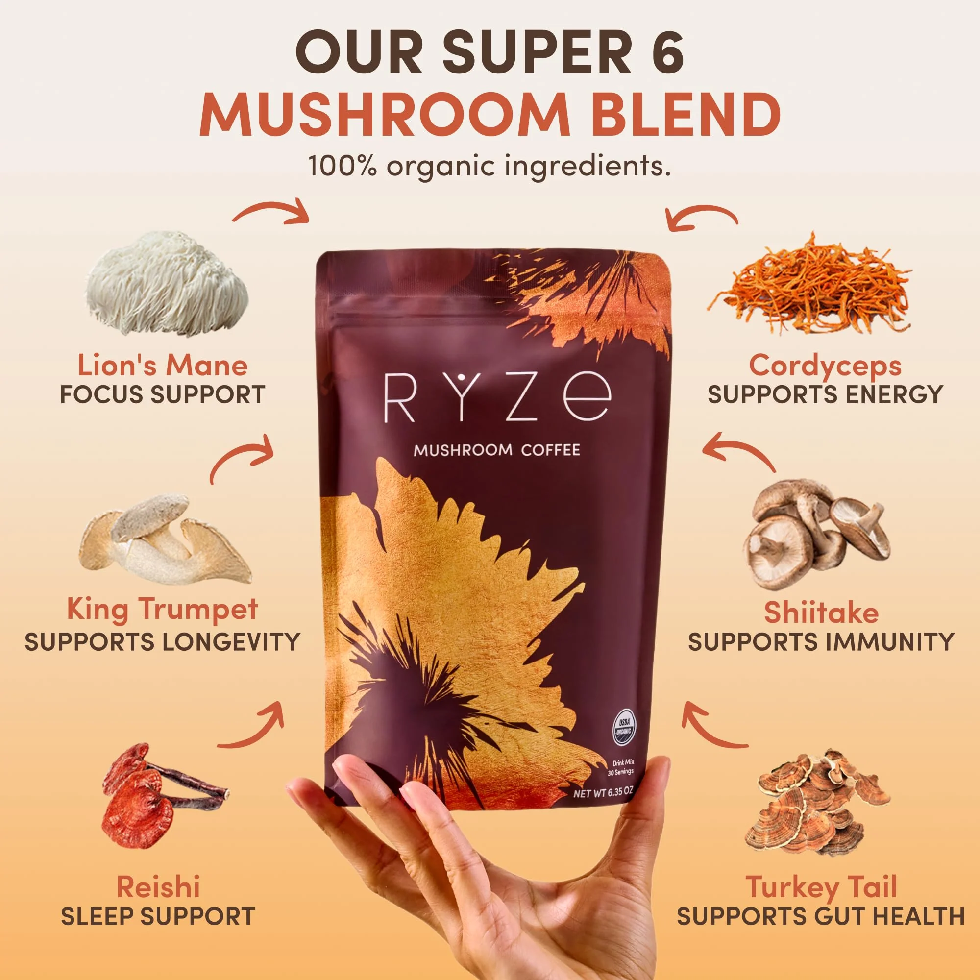 RYZE SUPERFOODS Mushroom Coffee USDA Organic — 6 Adaptogenic Mushrooms + MCT Oil, 30 Servings - Image 10