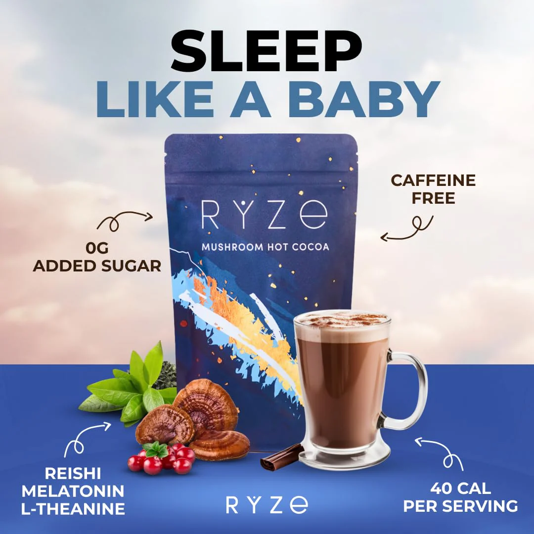 RYZE SUPERFOODS Mushroom Hot Cocoa with Melatonin Sleep Support – Keto Cocoa Powder, 20 Servings - Image 2