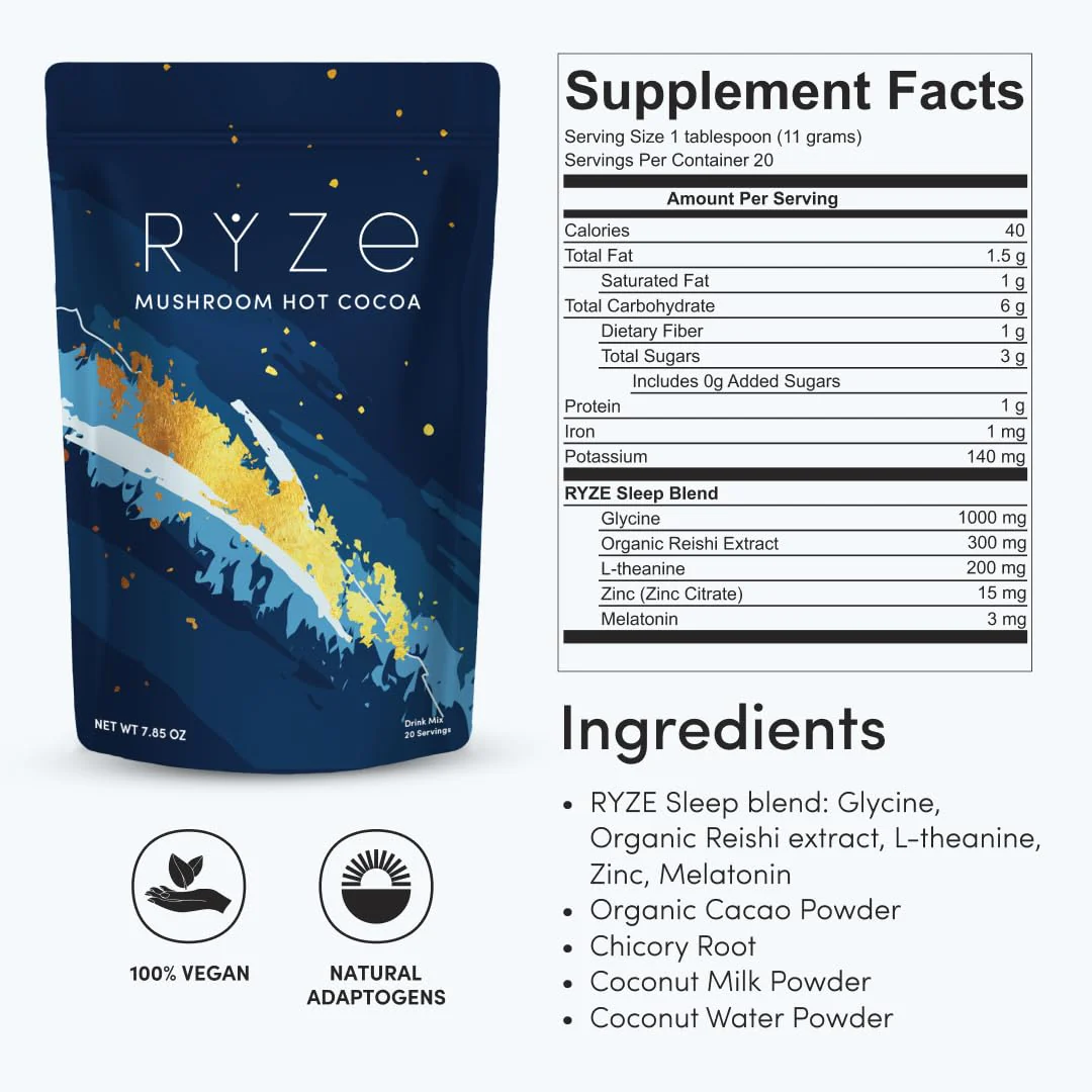 RYZE SUPERFOODS Mushroom Hot Cocoa with Melatonin Sleep Support – Keto Cocoa Powder, 20 Servings - Image 7