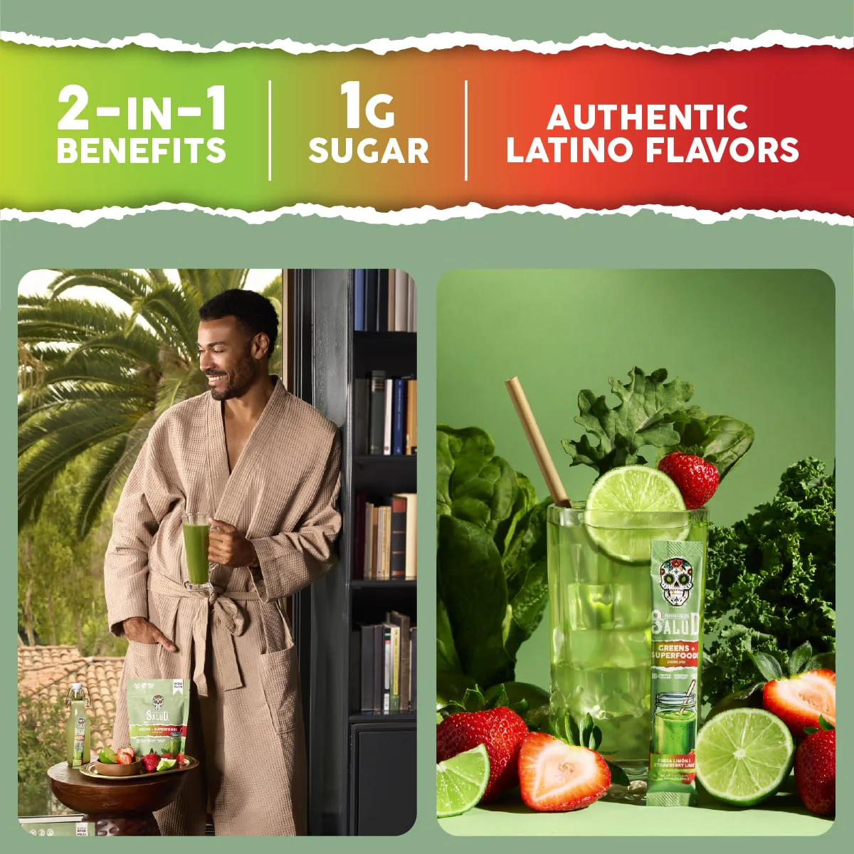 Salud 2-in-1 Greens Powder + Superfood Drink Mix – Strawberry Lime, 15 Servings (Vegan) - Image 2