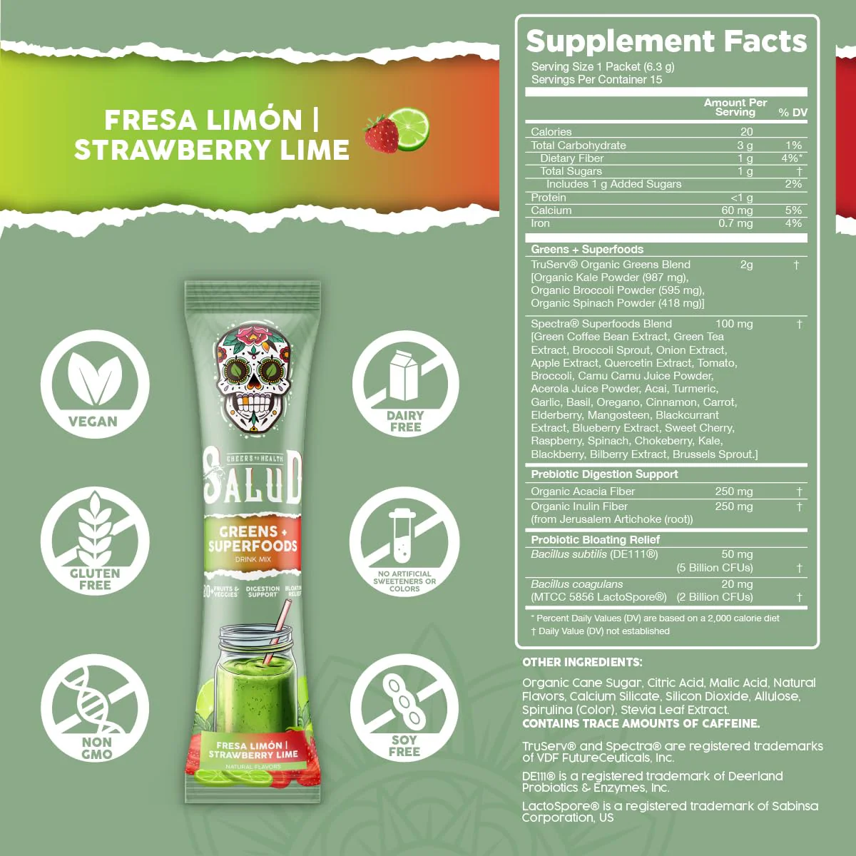 Salud 2-in-1 Greens Powder + Superfood Drink Mix – Strawberry Lime, 15 Servings (Vegan) - Image 3