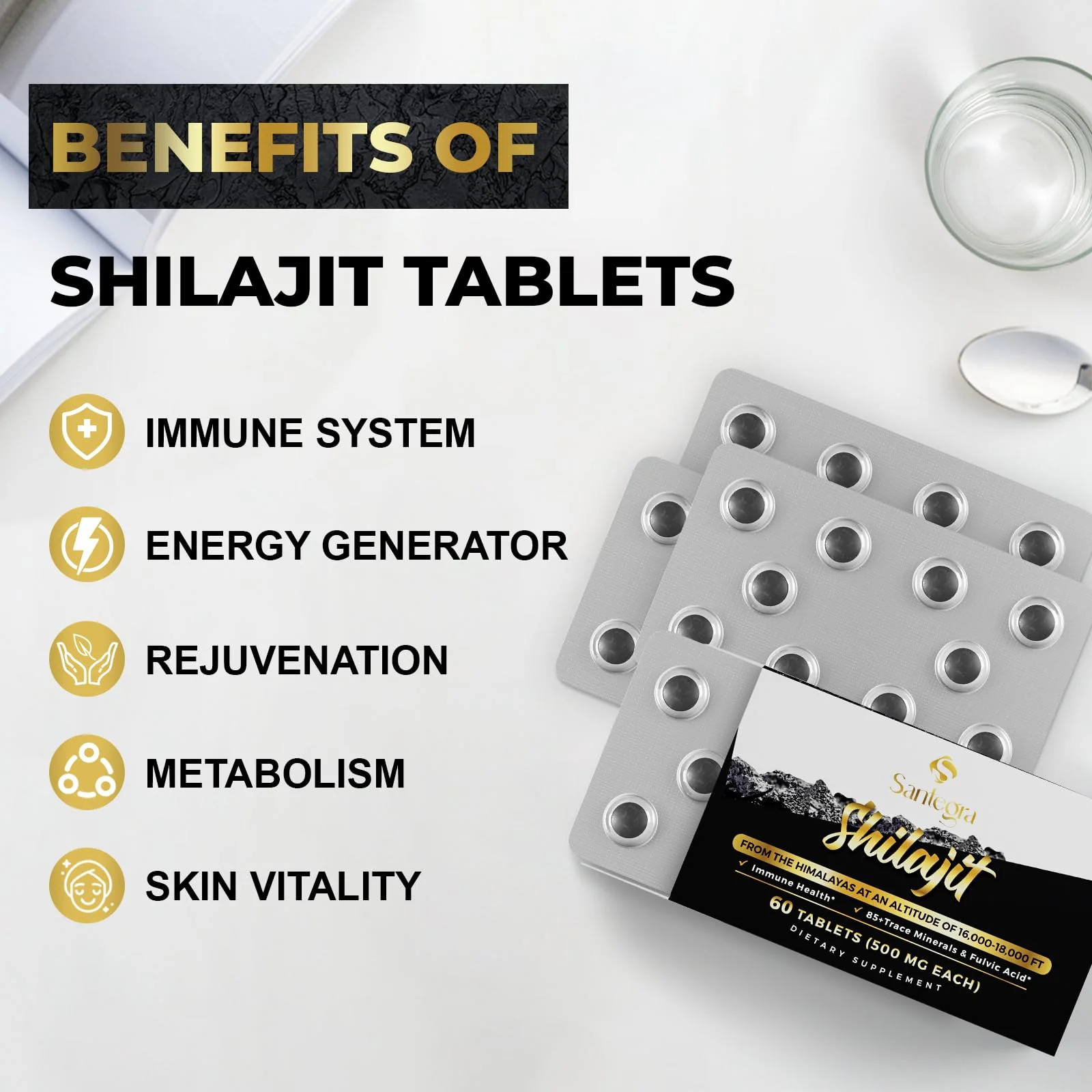 Santegra 30,000 mg Shilajit Tablets – 100% Pure Himalayan Shilajit Resin, Fulvic Acid & 85+ Minerals, 480 Count - Image 5