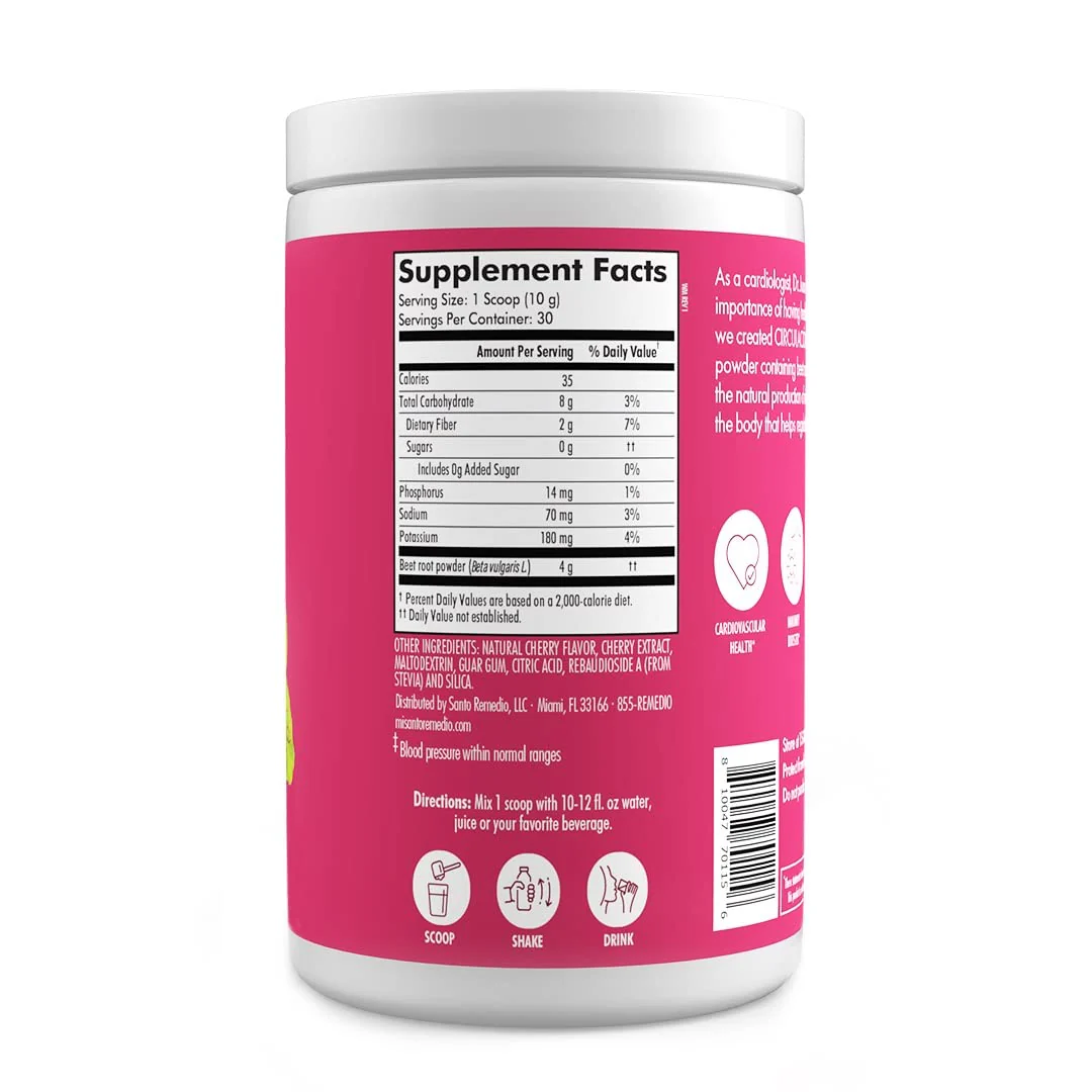 Santo Remedio Circulacion Plus – Beetroot Extract for Circulation & Heart Health, Cherry Flavor, Vegan, 30 Servings - Image 2