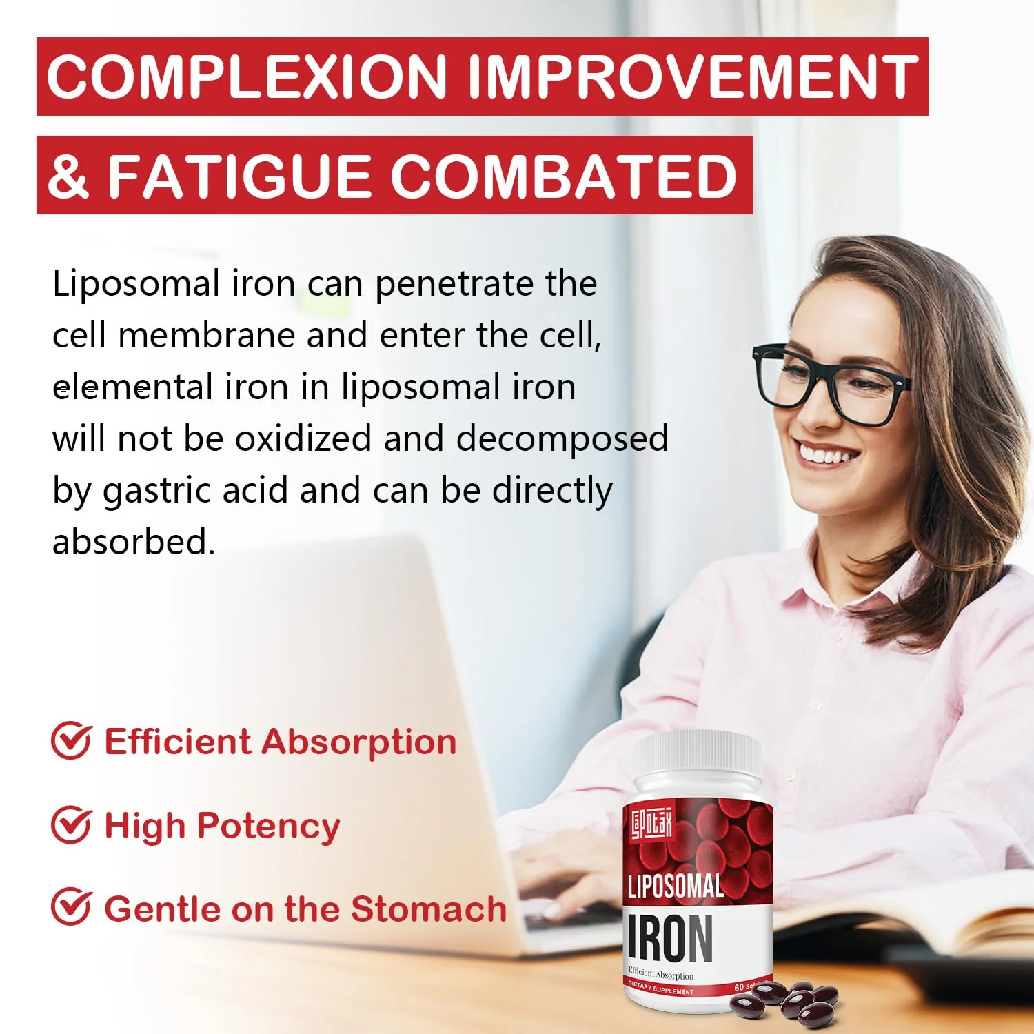 Sapotax Liposomal Fe Iron Supplement for Women & Men – 65 mg Iron, Folic Acid & B12 (60 Softgels, 2 Bottles) - Image 5