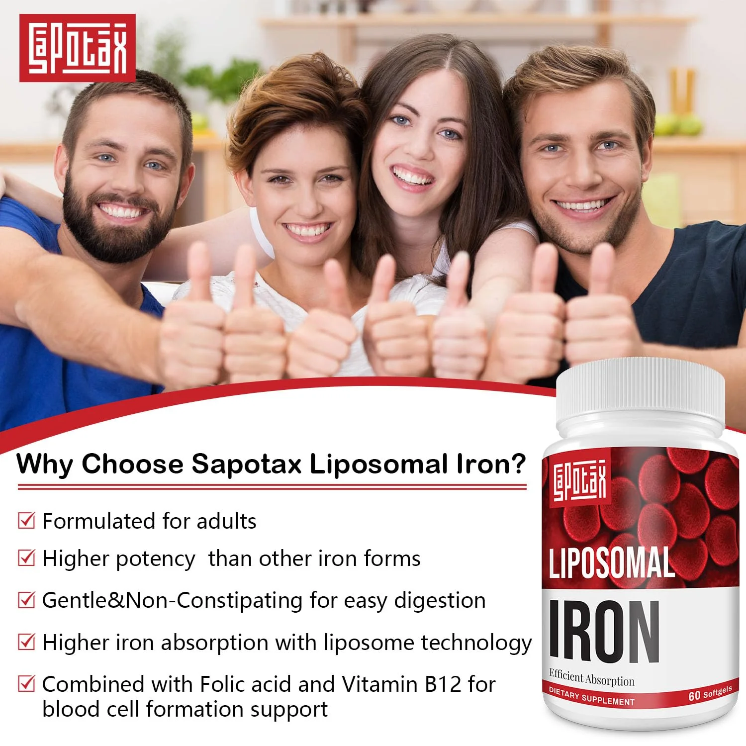 Sapotax Liposomal Fe Iron Supplement for Women & Men – 65 mg Iron, Folic Acid & B12 (60 Softgels, 2 Bottles) - Image 7