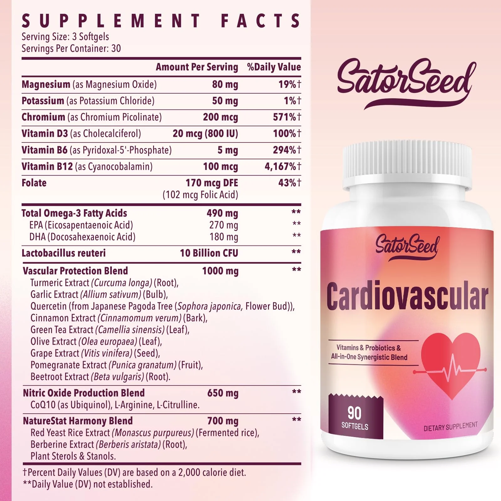 SatorSeed Cardiovascular Supplement 3000MG – Multivitamins, Probiotics, Omega-3 & CoQ10 Blend (2 Bottle) - Image 2