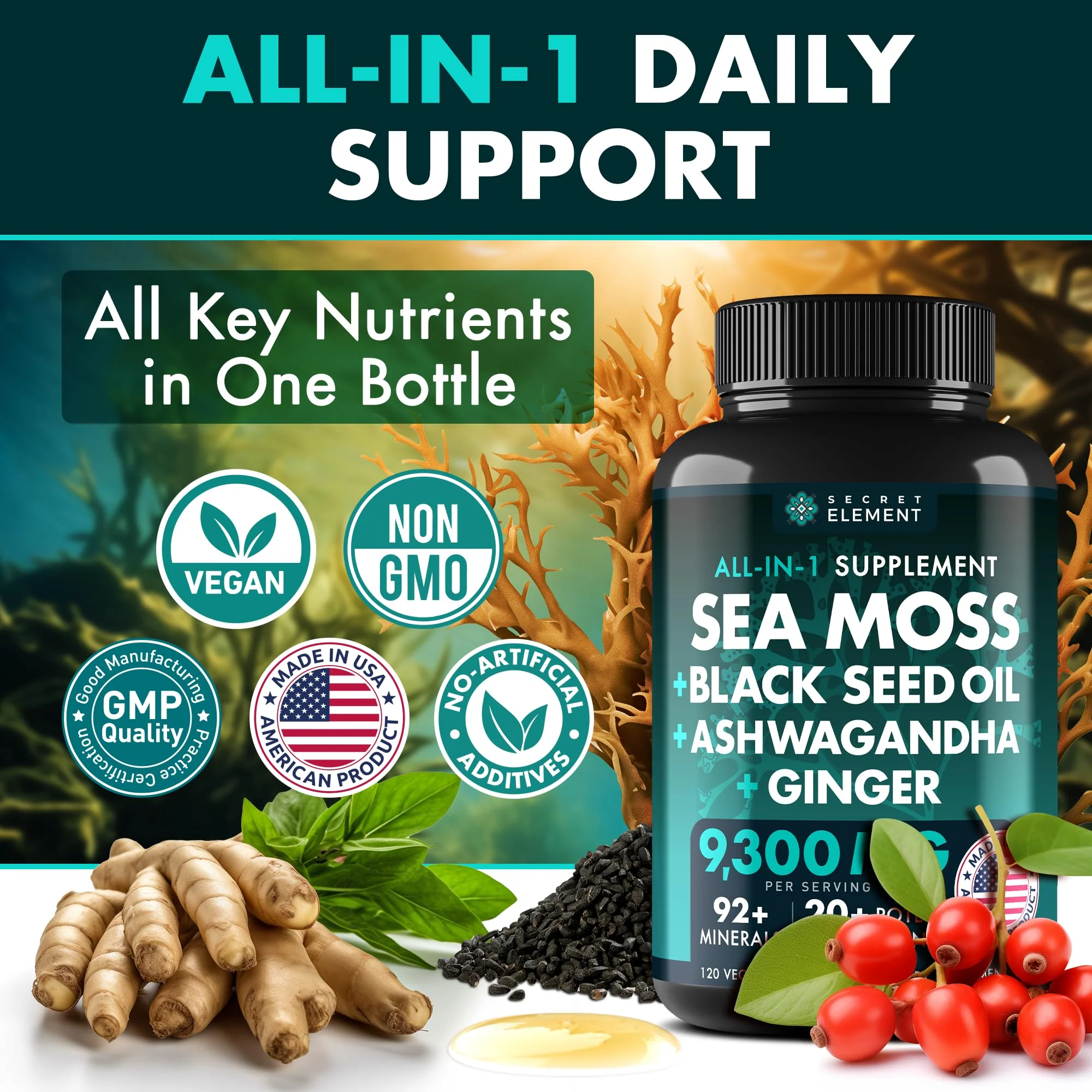 Secret Element Irish Sea Moss & Black Seed Oil Ashwagandha Ginger – All-in-One 20,000mg Capsules, 120 Count (Pack of 2) - Image 3