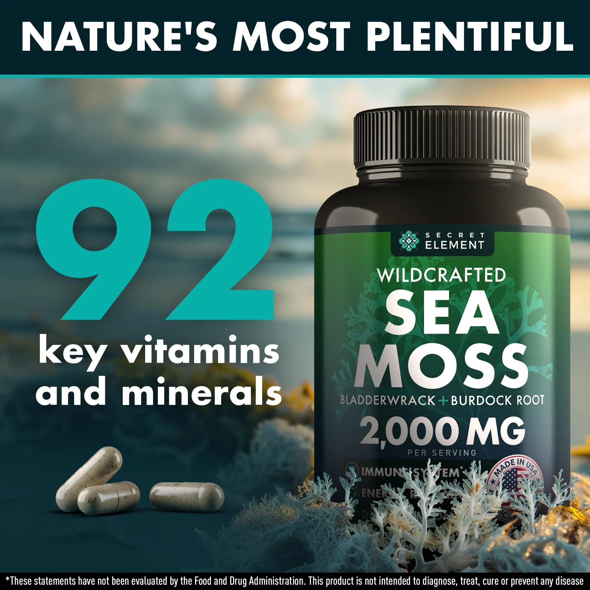 Secret Element Sea Moss Capsules – Irish Sea Moss Advanced with Burdock Root, Bladderwrack & Muira Puama – 120 Capsules (3 Pack) - Image 2