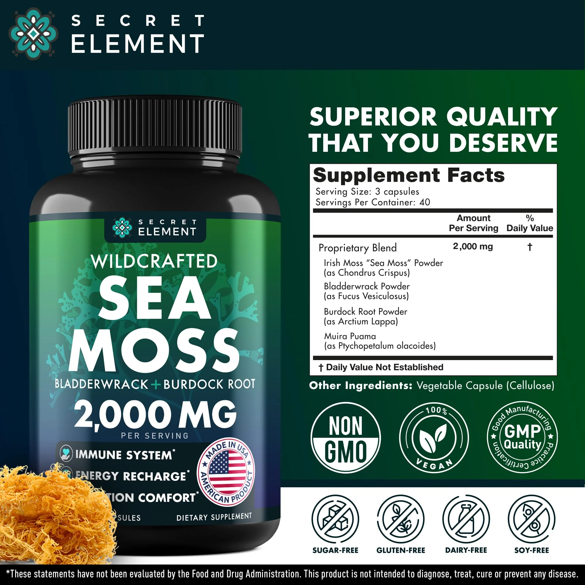 Secret Element Sea Moss Capsules – Irish Sea Moss with Burdock Root, Bladderwrack & Muira Puama for Immunity, Gut, and Energy (2 Pack) - Image 13