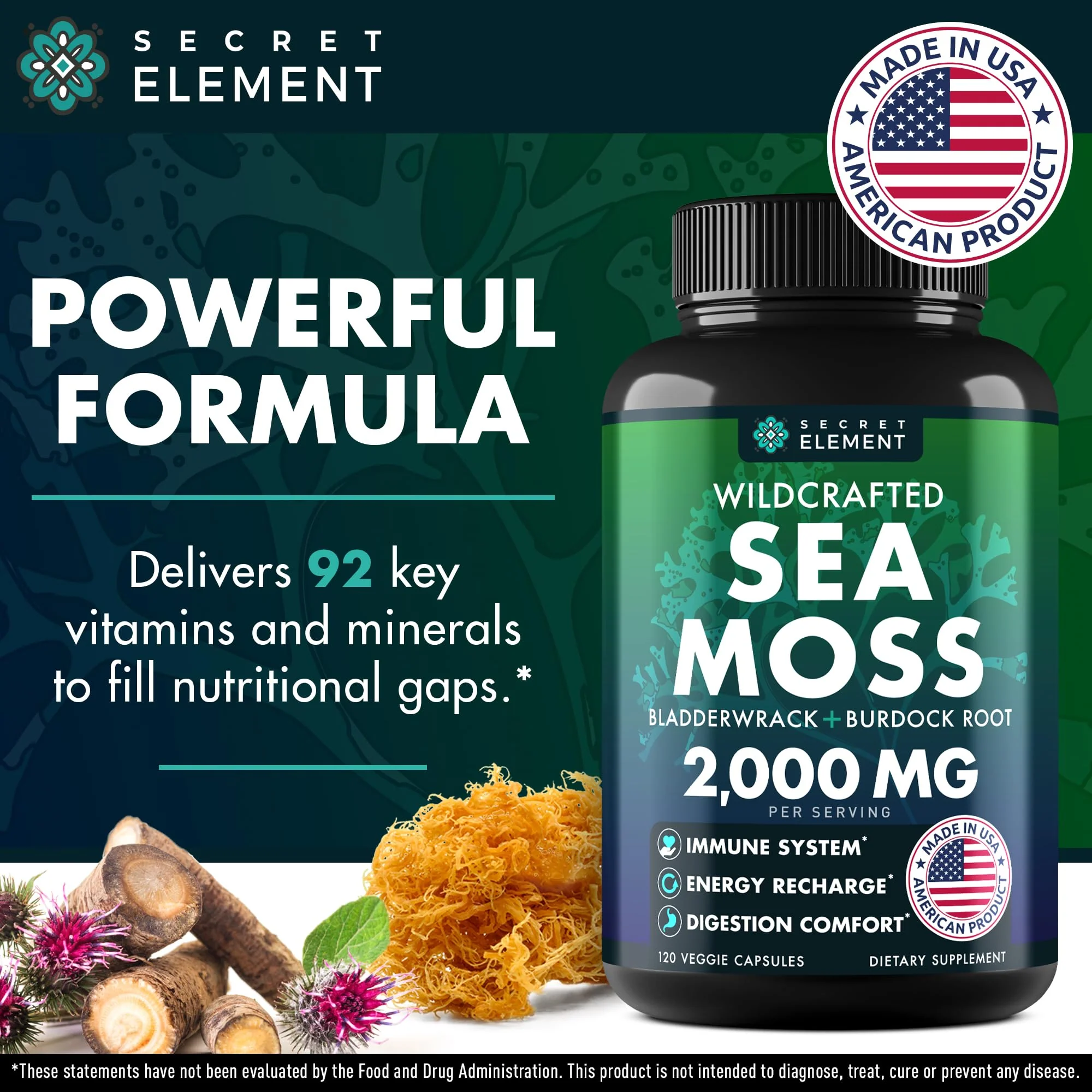 Secret Element Sea Moss Capsules – Irish Sea Moss with Burdock Root, Bladderwrack & Muira Puama for Immunity, Gut, and Energy (2 Pack) - Image 2