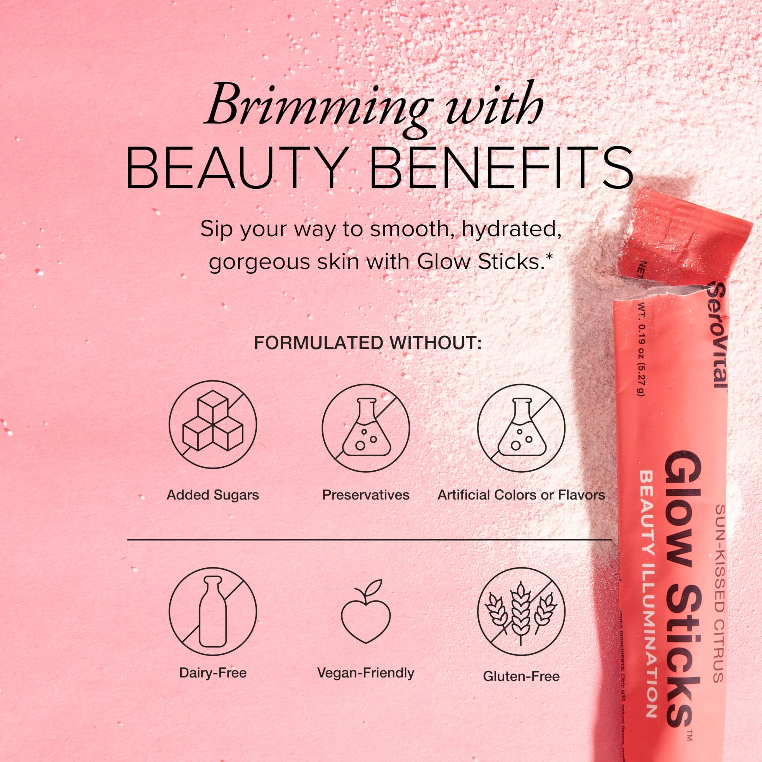 Serovital Glow Sticks: Sugar-Free Powder Drink Mix for Skin Hydration (14 Days) with Hyaluronic Acid & Ceramides - Image 2