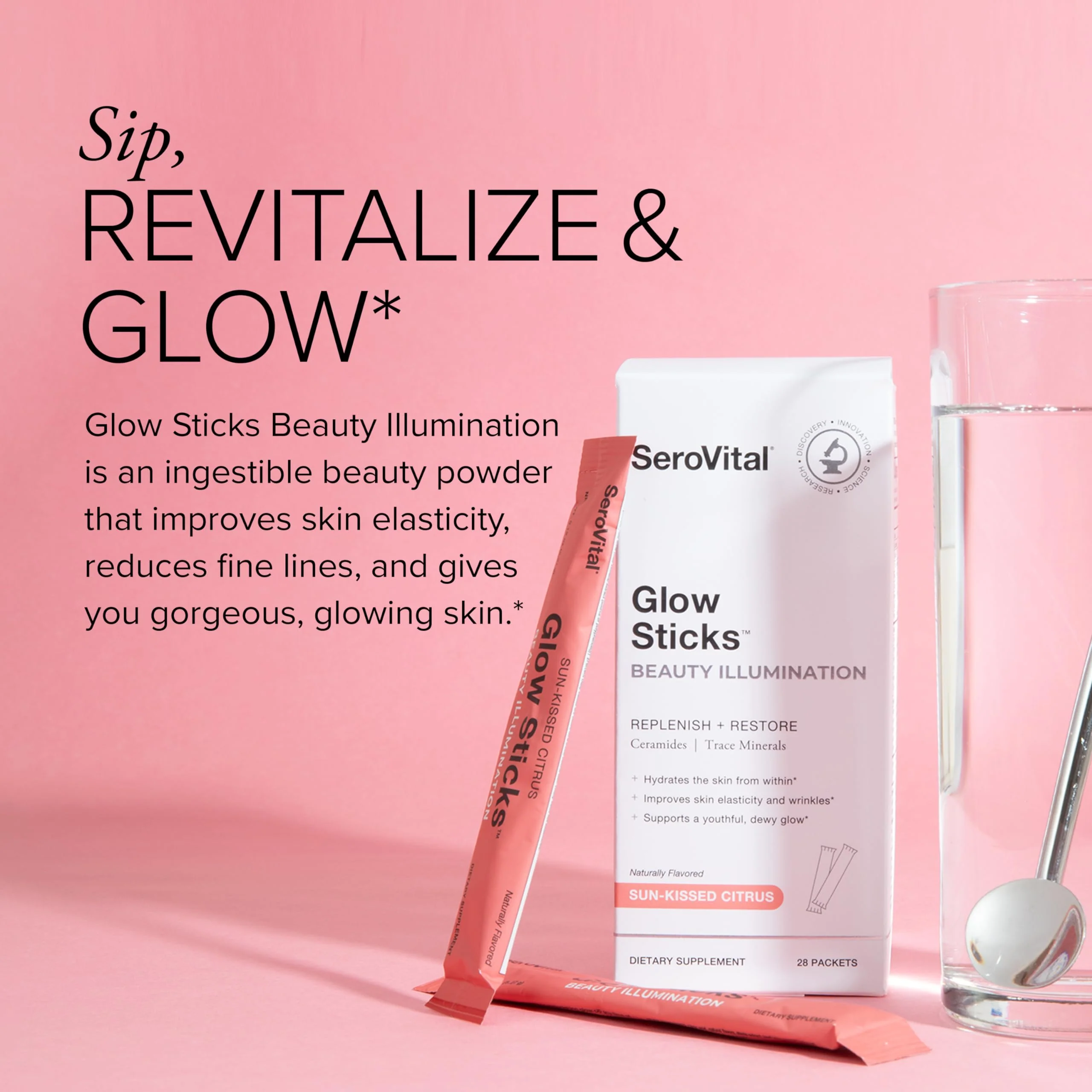 Serovital Glow Sticks: Sugar-Free Powder Drink Mix for Skin Hydration (14 Days) with Hyaluronic Acid & Ceramides - Image 4