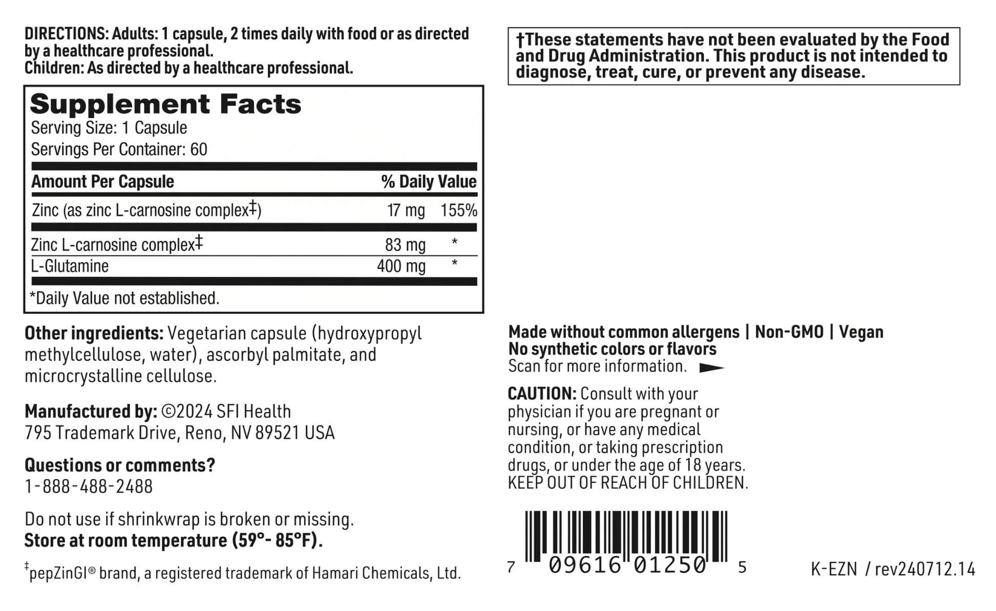 SFI Health Klaire Labs Endozin: Zinc Carnosine & L-Glutamine for Gut Barrier Support - Hypoallergenic, 60 Capsules - Image 7