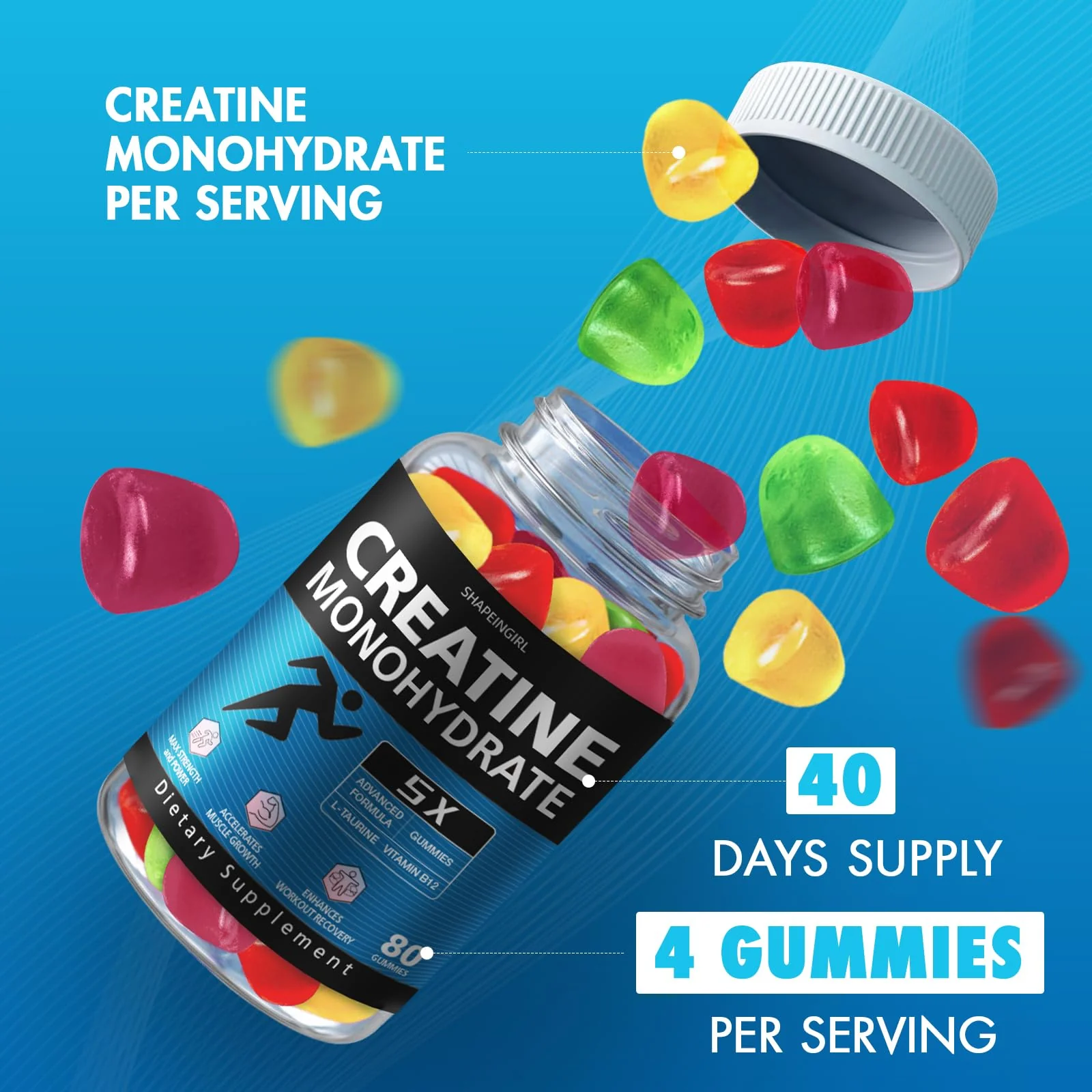 SHAPEINGIRL Creatine Monohydrate Gummies for Women & Men – Vegan, Vitamin B12, 320-Count - Image 6
