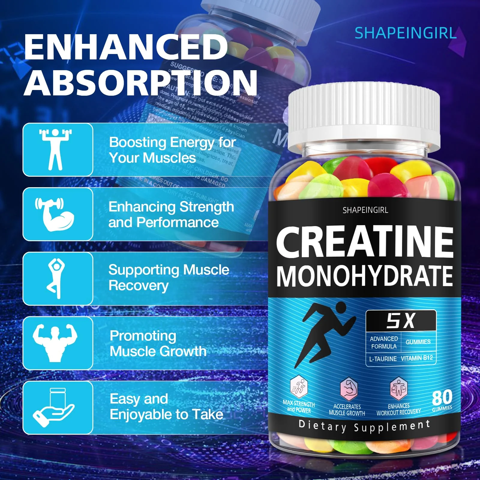 SHAPEINGIRL Creatine Monohydrate Gummies for Women & Men – Vegan, Vitamin B12, 320-Count - Image 8