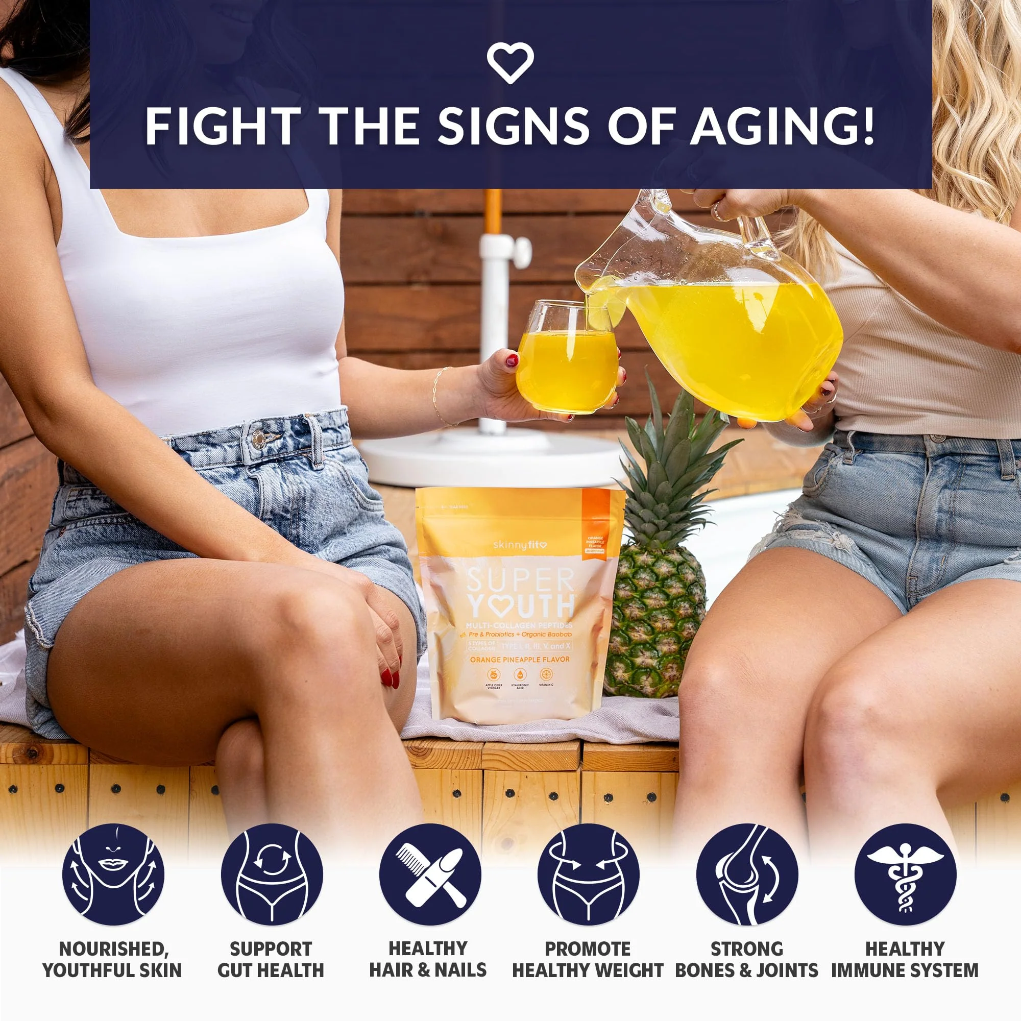 SkinnyFit Super Youth Collagen for Women - Multi-Collagen Peptides Powder with Probiotics, Fiber & Hyaluronic Acid | Orange Pineapple, 28 Servings - Image 3
