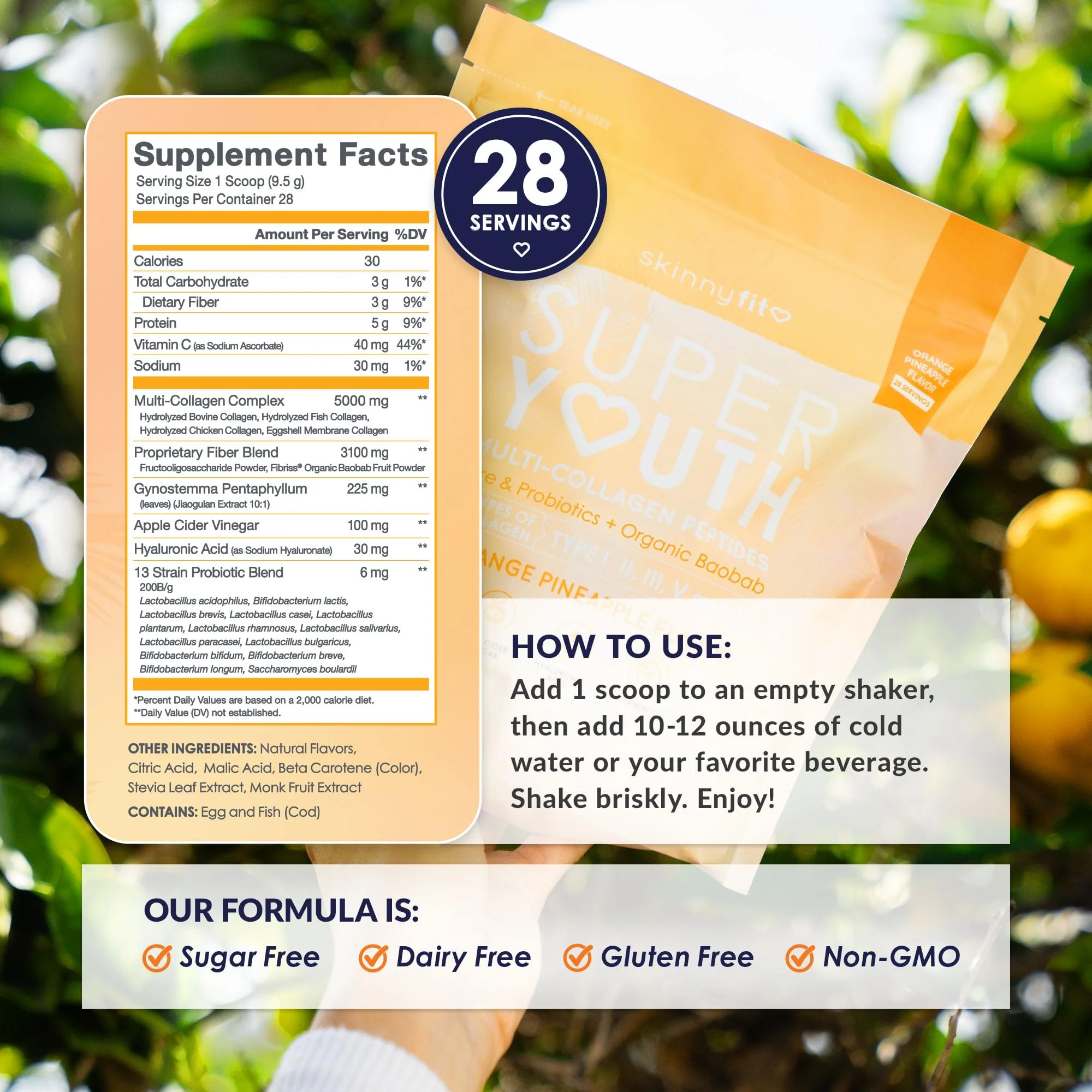 SkinnyFit Super Youth Collagen for Women - Multi-Collagen Peptides Powder with Probiotics, Fiber & Hyaluronic Acid | Orange Pineapple, 28 Servings - Image 4