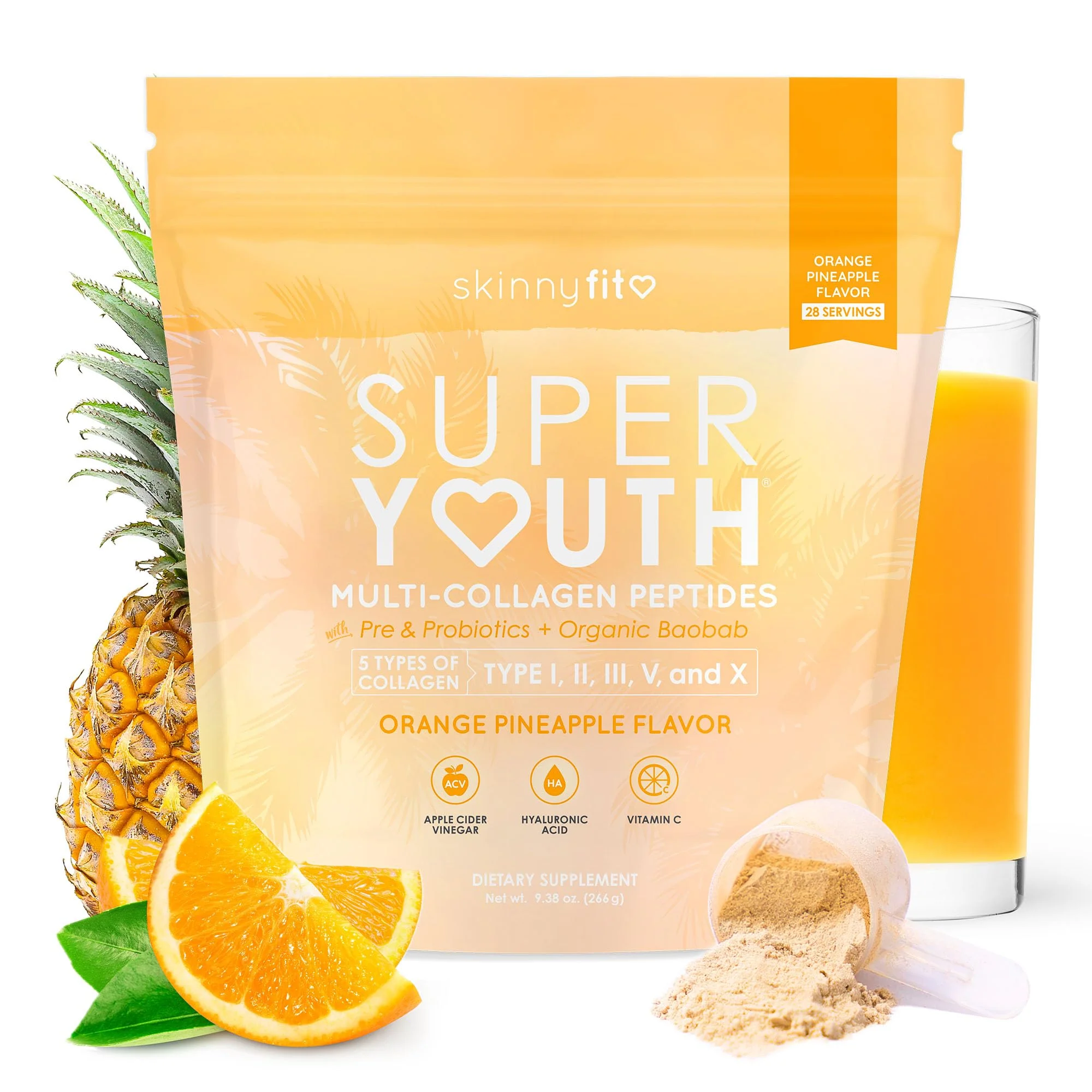 SkinnyFit Super Youth Collagen for Women - Multi-Collagen Peptides Powder with Probiotics, Fiber & Hyaluronic Acid | Orange Pineapple, 28 Servings - Image 7