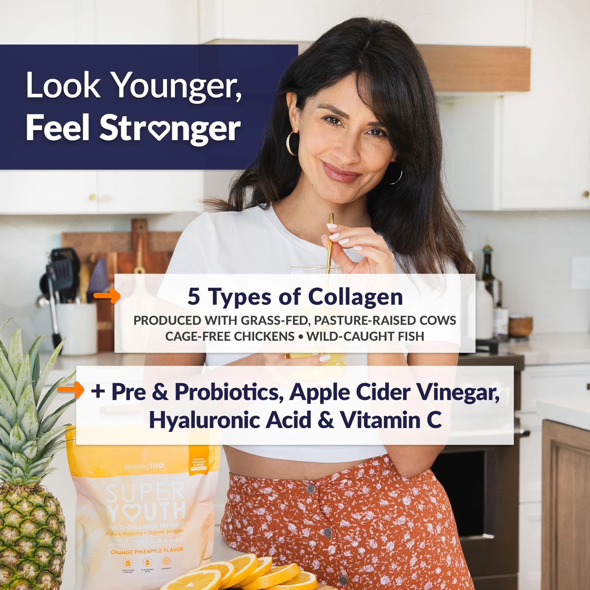 SkinnyFit Super Youth Collagen for Women - Multi-Collagen Peptides Powder with Probiotics, Fiber & Hyaluronic Acid | Orange Pineapple, 28 Servings - Image 8