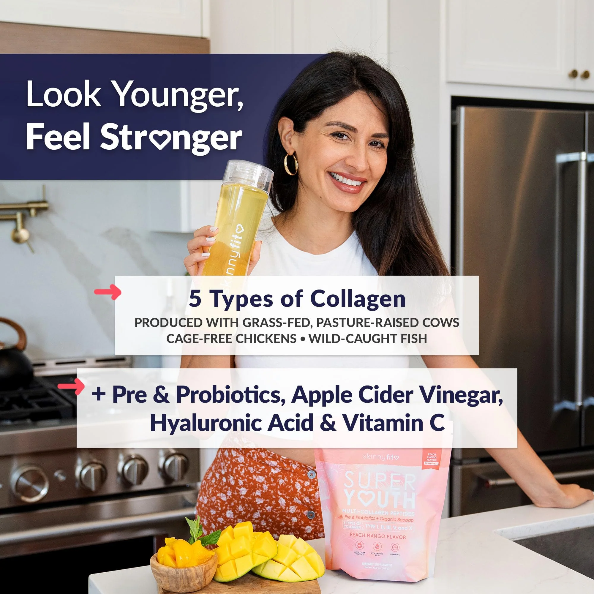 SkinnyFit Super Youth Collagen for Women - Peach Mango, 28 Servings | Multi-Collagen, Probiotics & Hyaluronic Acid - Image 2