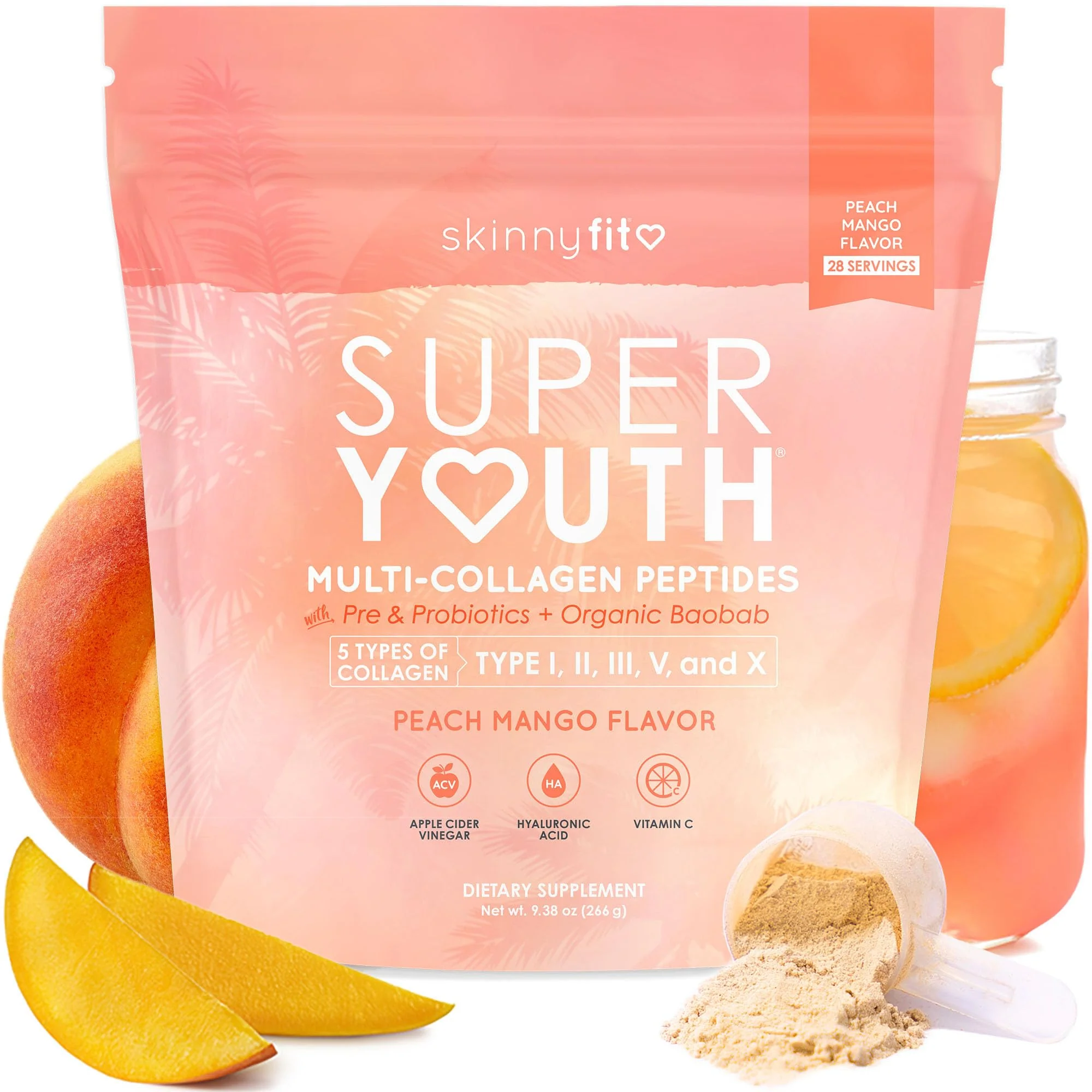 SkinnyFit Super Youth Collagen for Women - Peach Mango, 28 Servings | Multi-Collagen, Probiotics & Hyaluronic Acid - Image 7