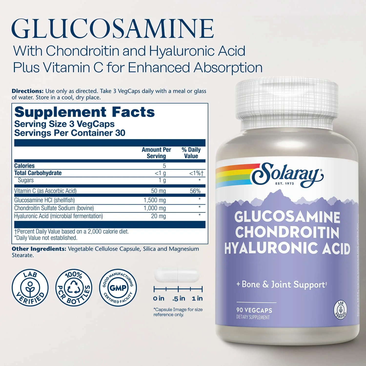 SOLARAY Glucosamine Chondroitin Hyaluronic Acid 1500/1000/20mg – 90 Capsules - Image 3