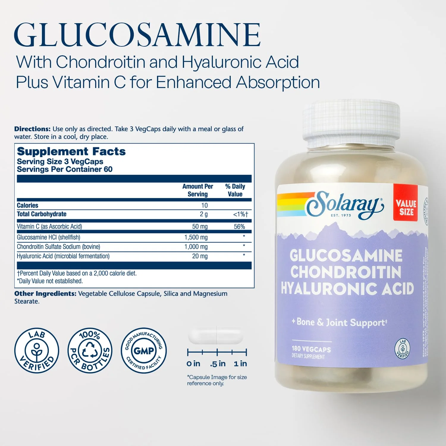 SOLARAY Glucosamine Chondroitin Hyaluronic Acid Joint Support with Vitamin C | Lab Verified, 60-Serving, 180 VegCaps - Image 3
