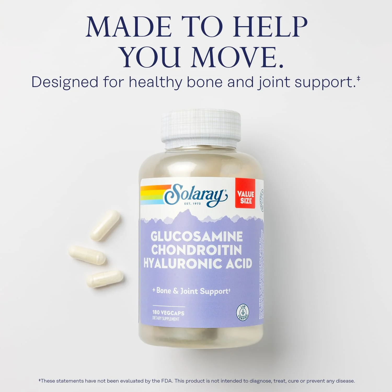 SOLARAY Glucosamine Chondroitin Hyaluronic Acid Joint Support with Vitamin C | Lab Verified, 60-Serving, 180 VegCaps - Image 4