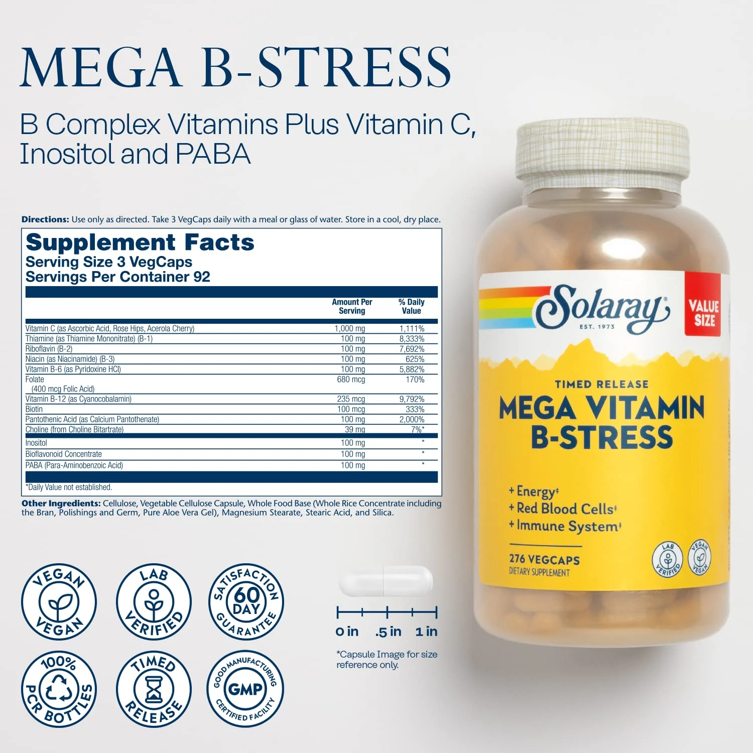 SOLARAY Mega Vitamin B-Stress — Timed Release B-Complex with B12, B6, Folic Acid & Vitamin C | Vegan, 60-Day Guarantee - Image 2