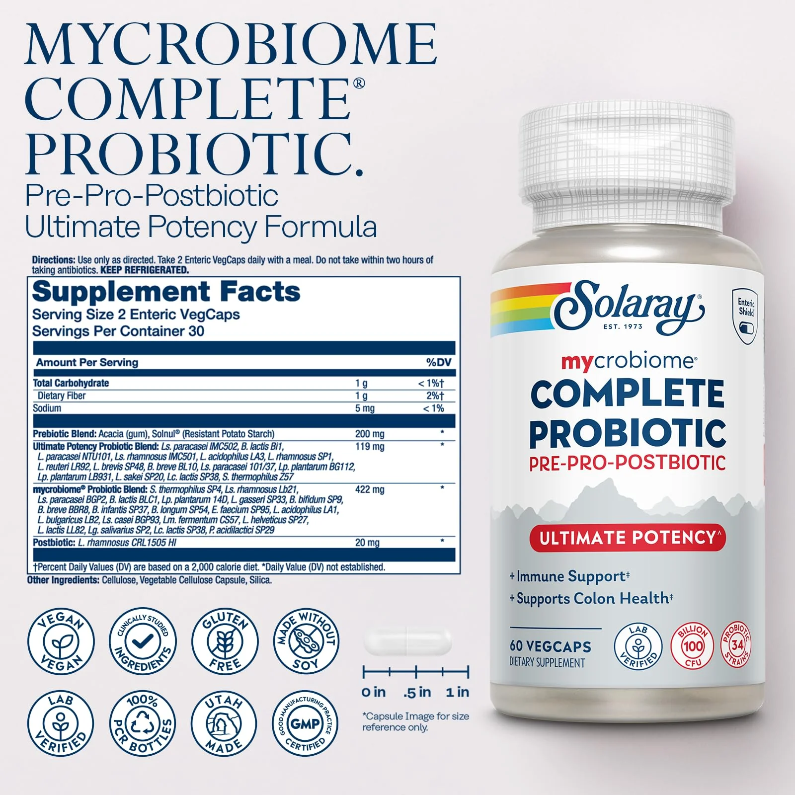 SOLARAY Mycrobiome Complete Probiotic Ultimate Potency – 100B CFU, 34 Strains, 60 VegCaps, Vegan - Image 3