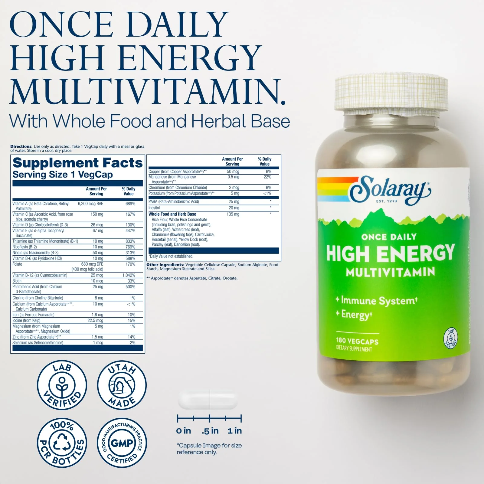 SOLARAY Once Daily High Energy Multivitamin for Women and Men – Immune Support & Energy Boost – 180 VegCaps - Image 2