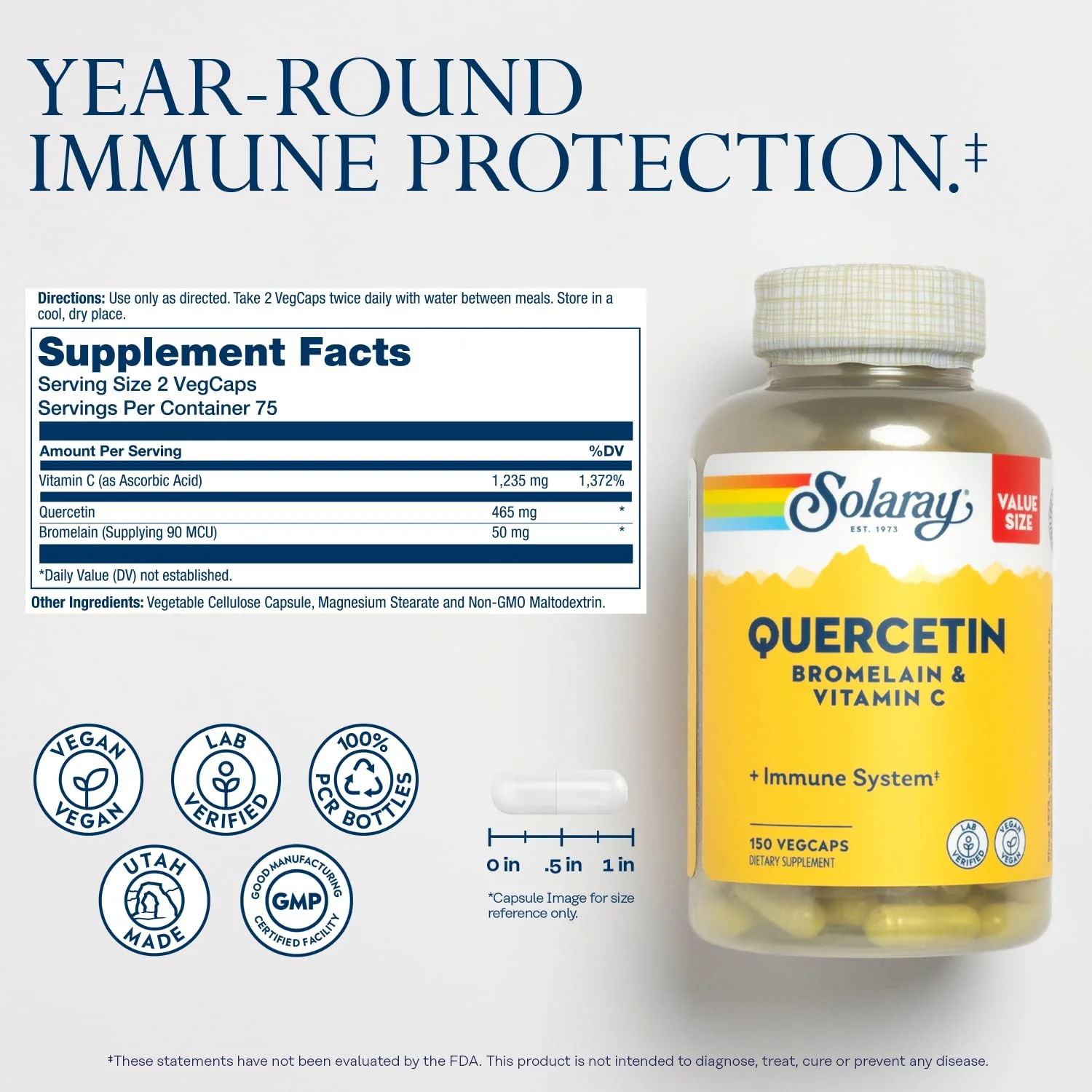 SOLARAY Quercetin Bromelain & Vitamin C – Immune Support, Antioxidant Activity, Vegan, 75 Servings, 60 Day Guarantee - Image 2